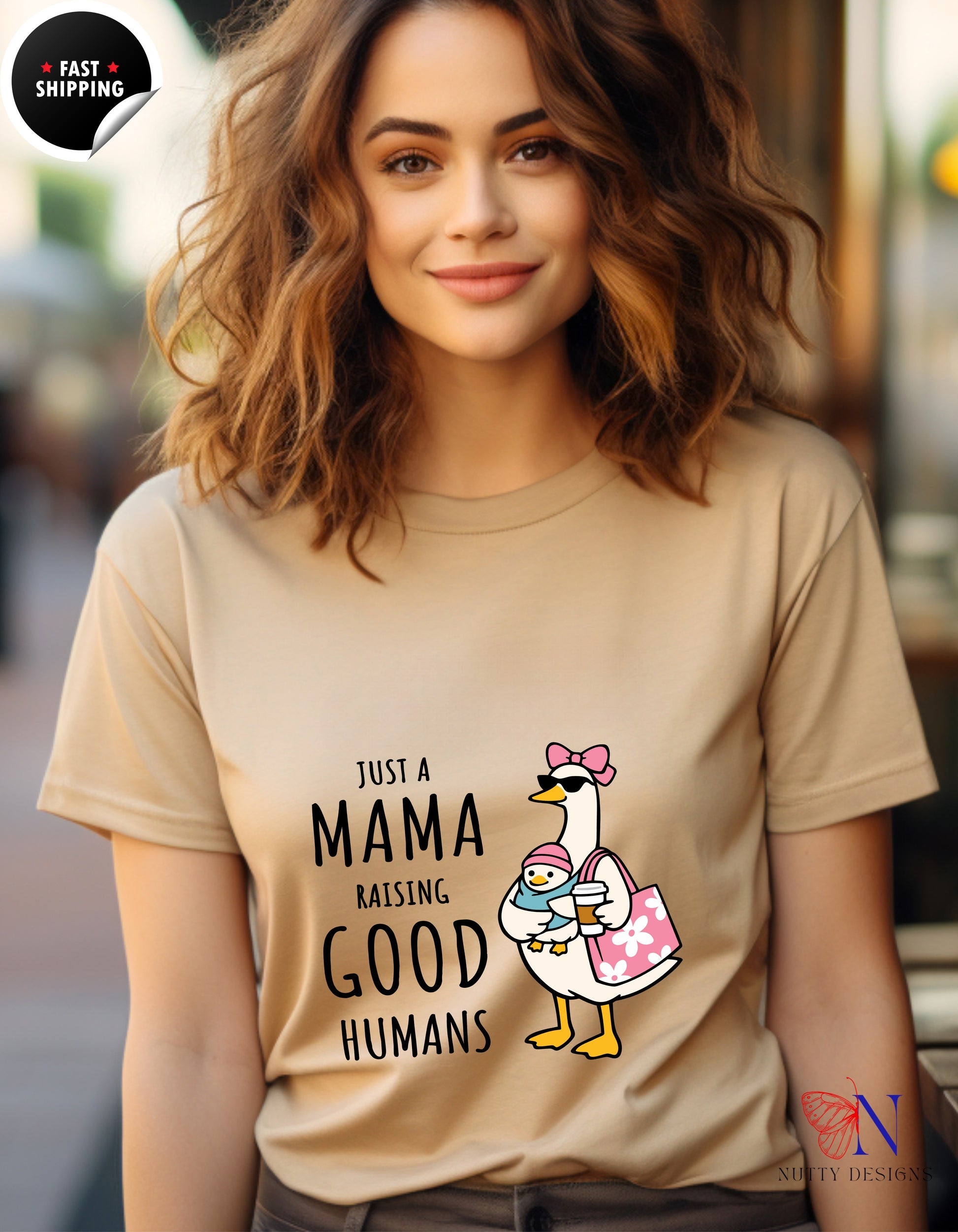 Just A Mama Raising Good Humans Mom Goose t-shirt lifestyle mockup - Mother's Day gift