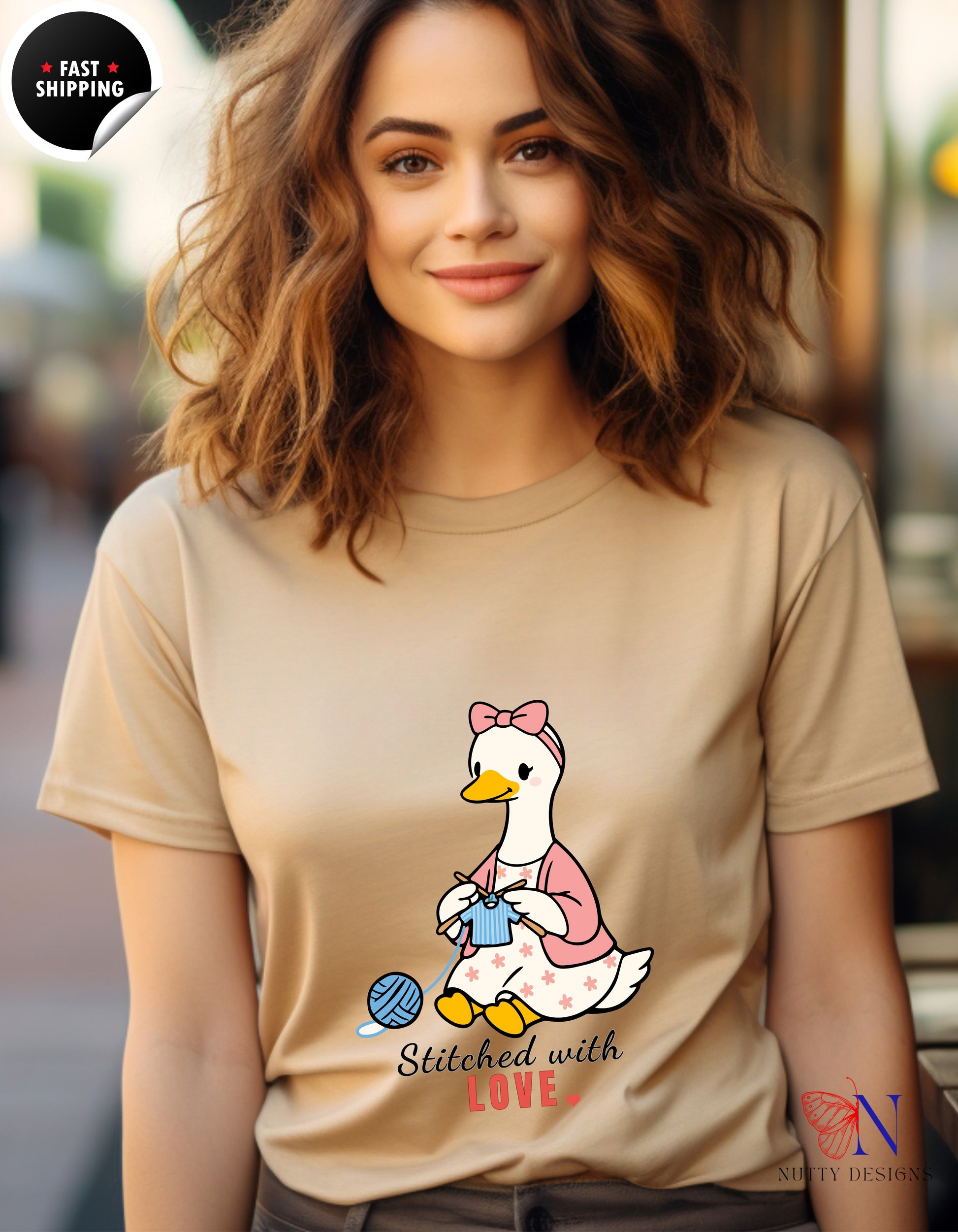 Stitched With Love Mama Goose Knitting t-shirt lifestyle mockup - Mother's Day gift