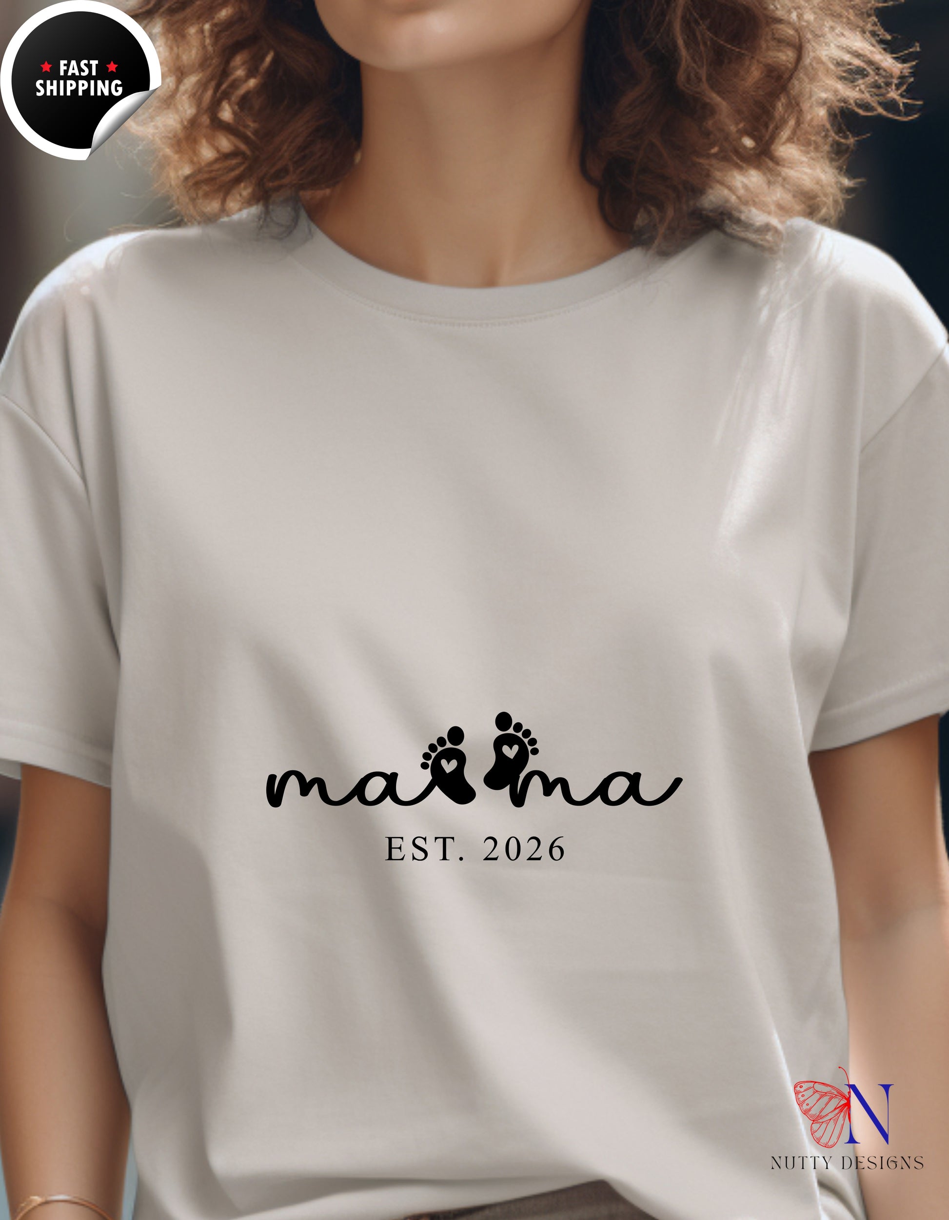 Mama Est 2026 Baby Footprints t-shirt lifestyle mockup - Mother's Day gift