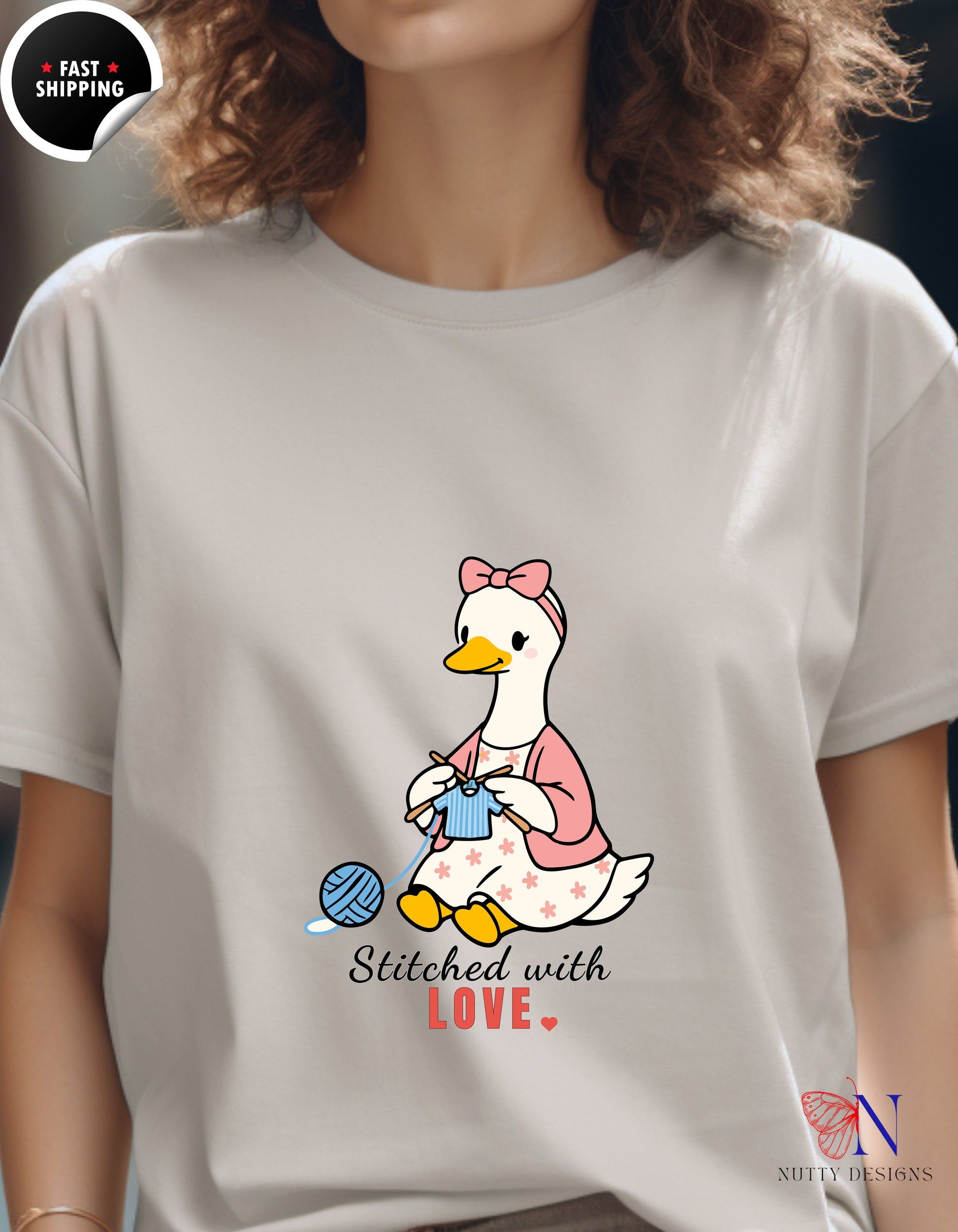 Stitched With Love Mama Goose Knitting t-shirt lifestyle mockup - Mother's Day gift