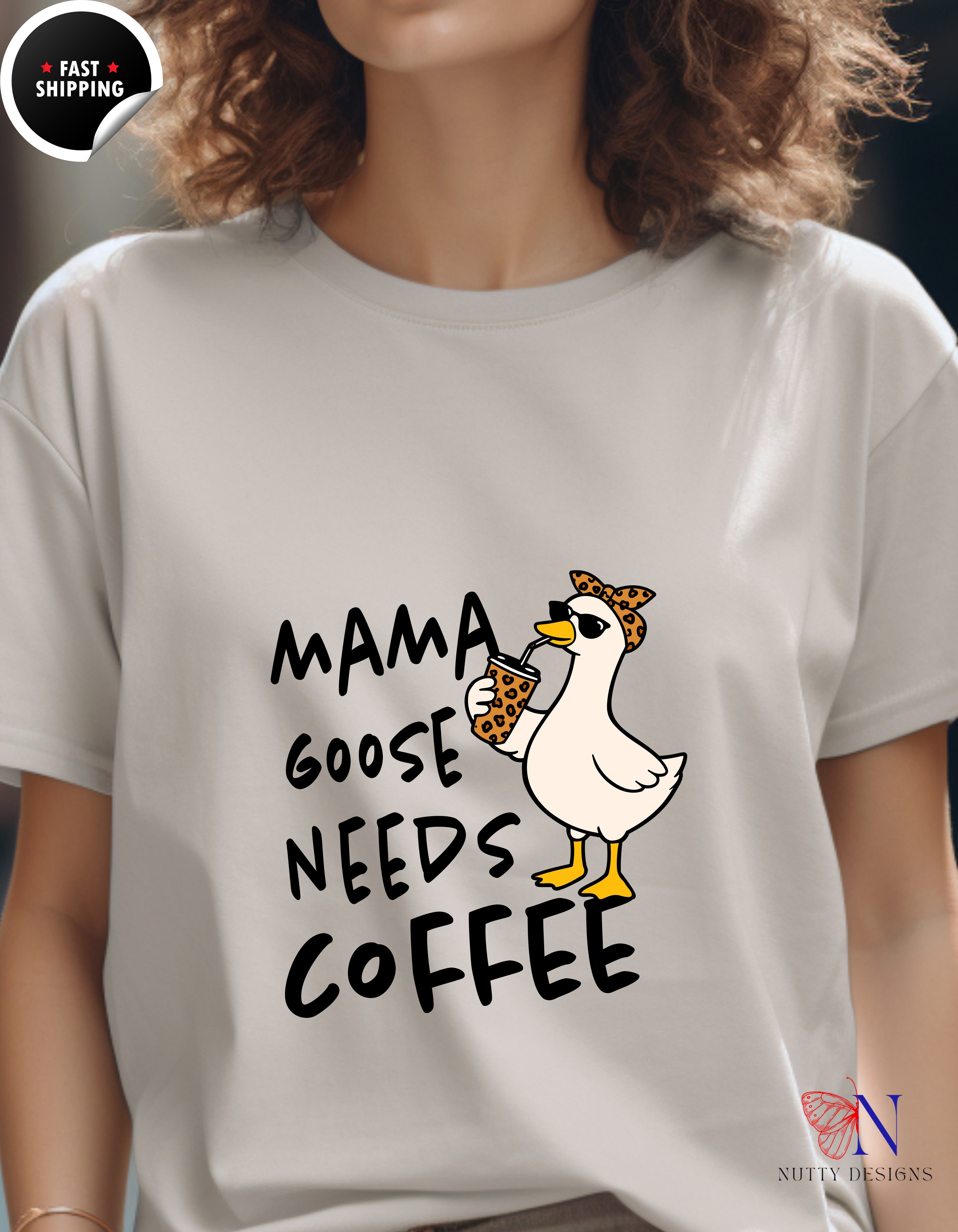 Mama Goose Needs Coffee t-shirt lifestyle mockup - Mother's Day gift