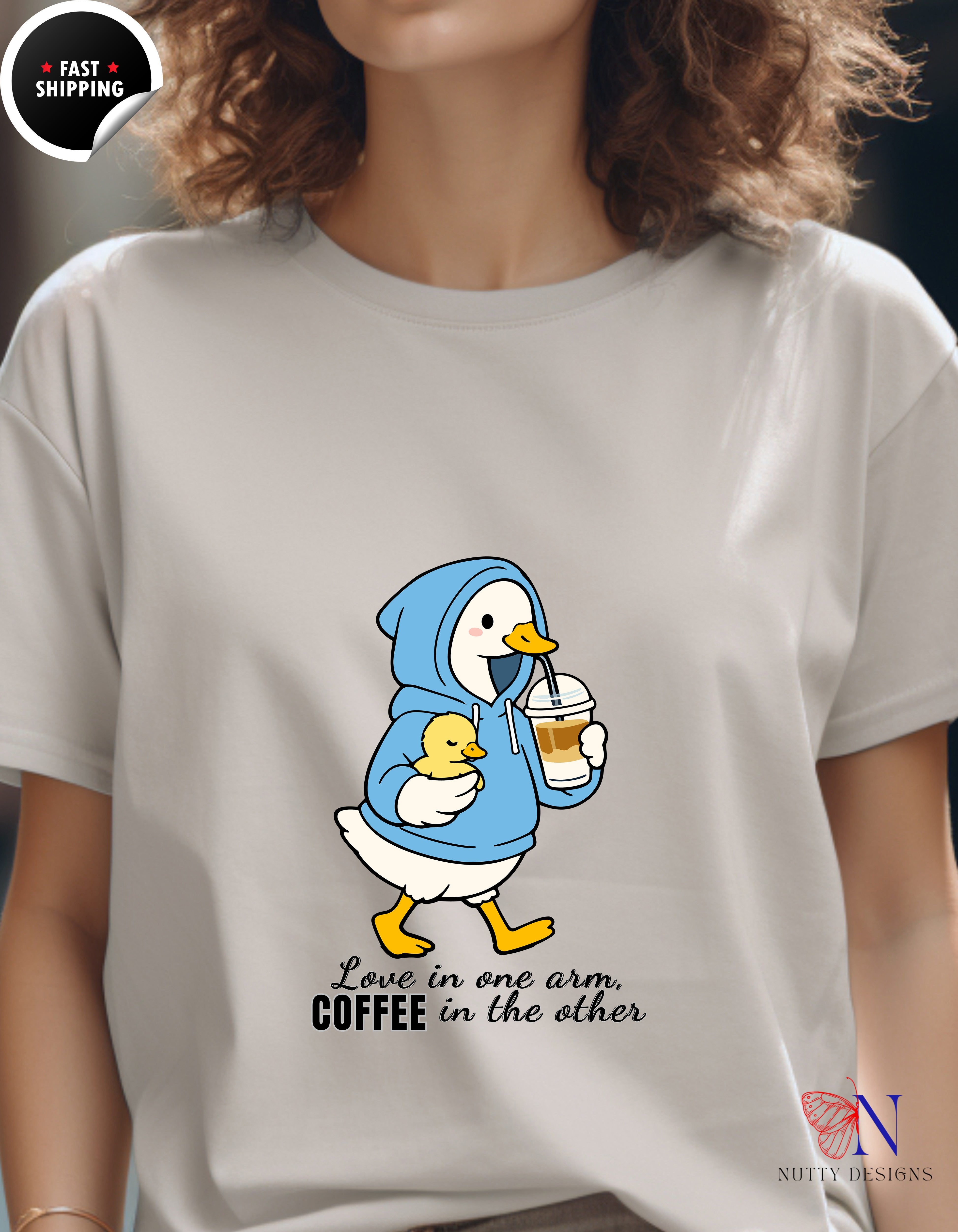 Love In One Arm Coffee In The Other Mama Duck t-shirt lifestyle mockup - Mother's Day gift
