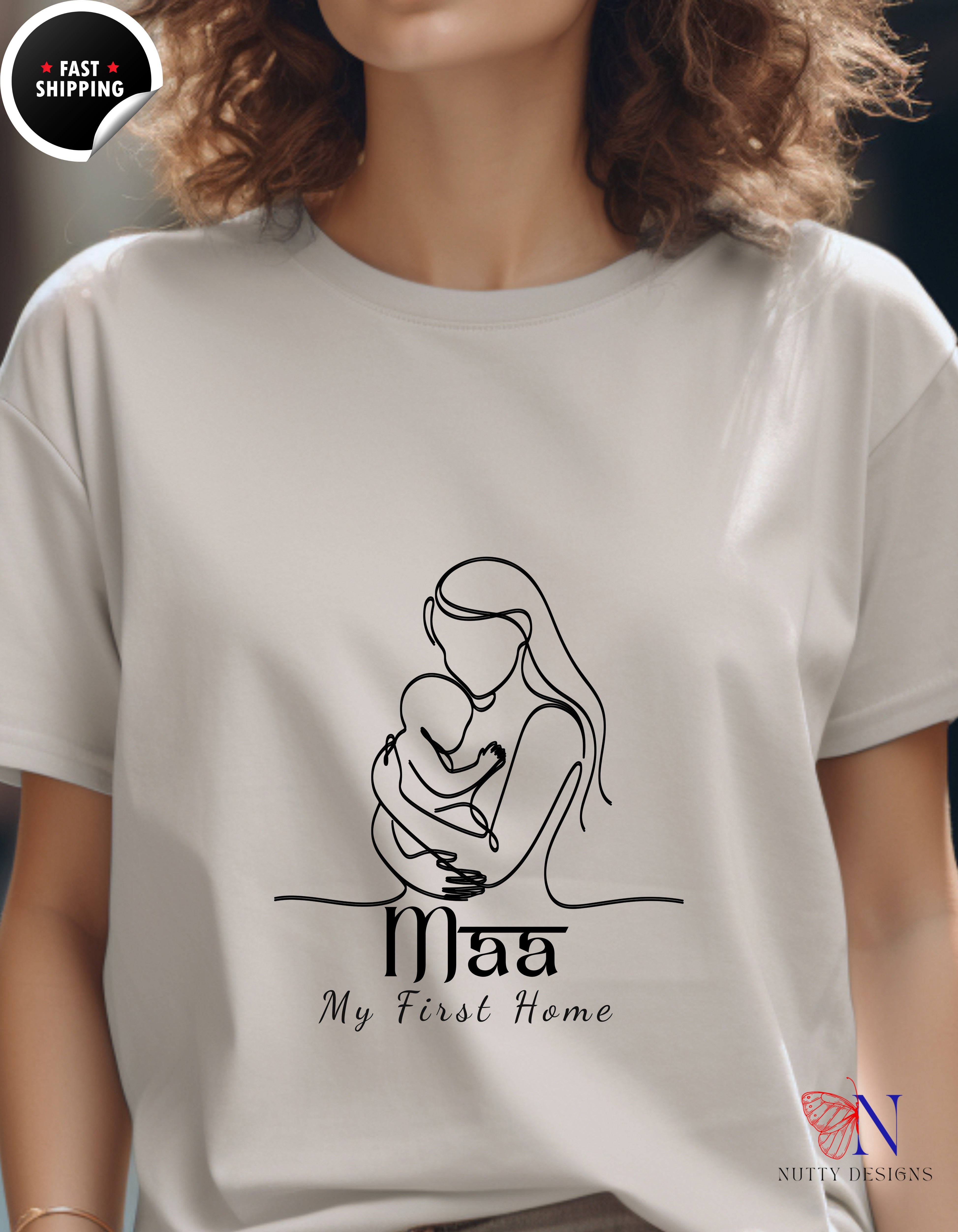 Maa My First Home Desi Mom Line Art t-shirt lifestyle mockup - Mother's Day gift