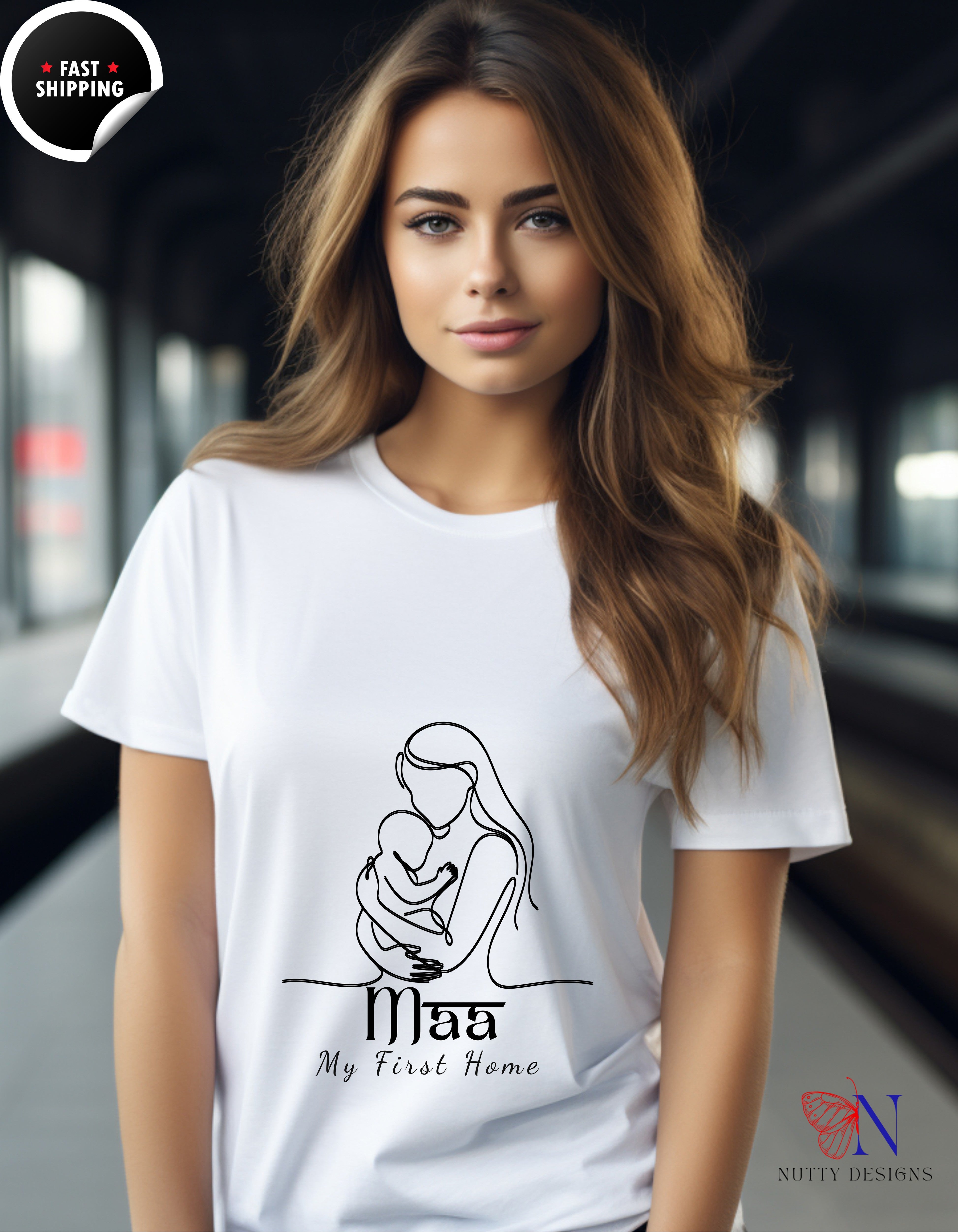 Maa My First Home Desi Mom Line Art t-shirt lifestyle mockup - Mother's Day gift