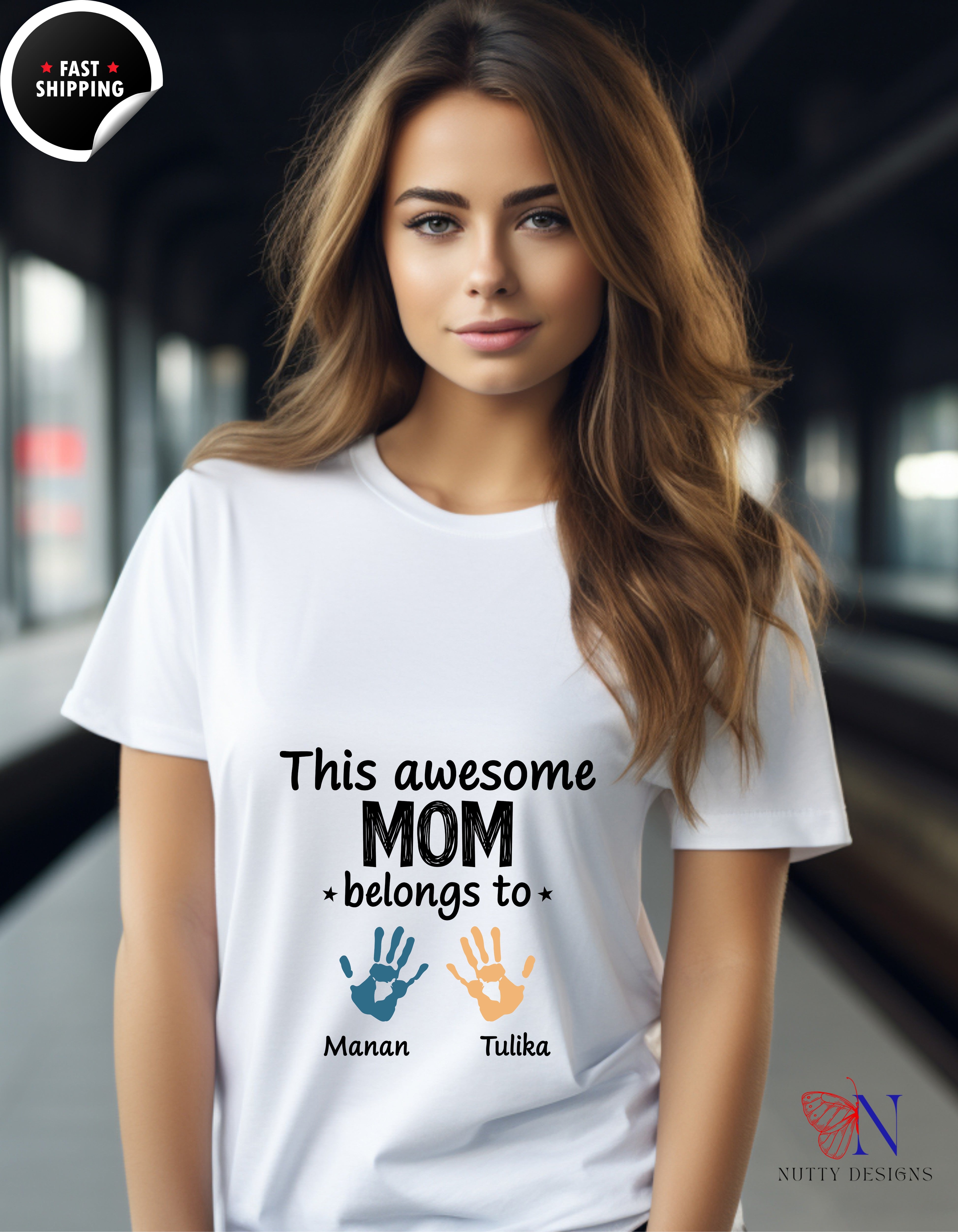 This Awesome Mom Belongs To Personalized 2 Names t-shirt lifestyle mockup - Mother's Day gift