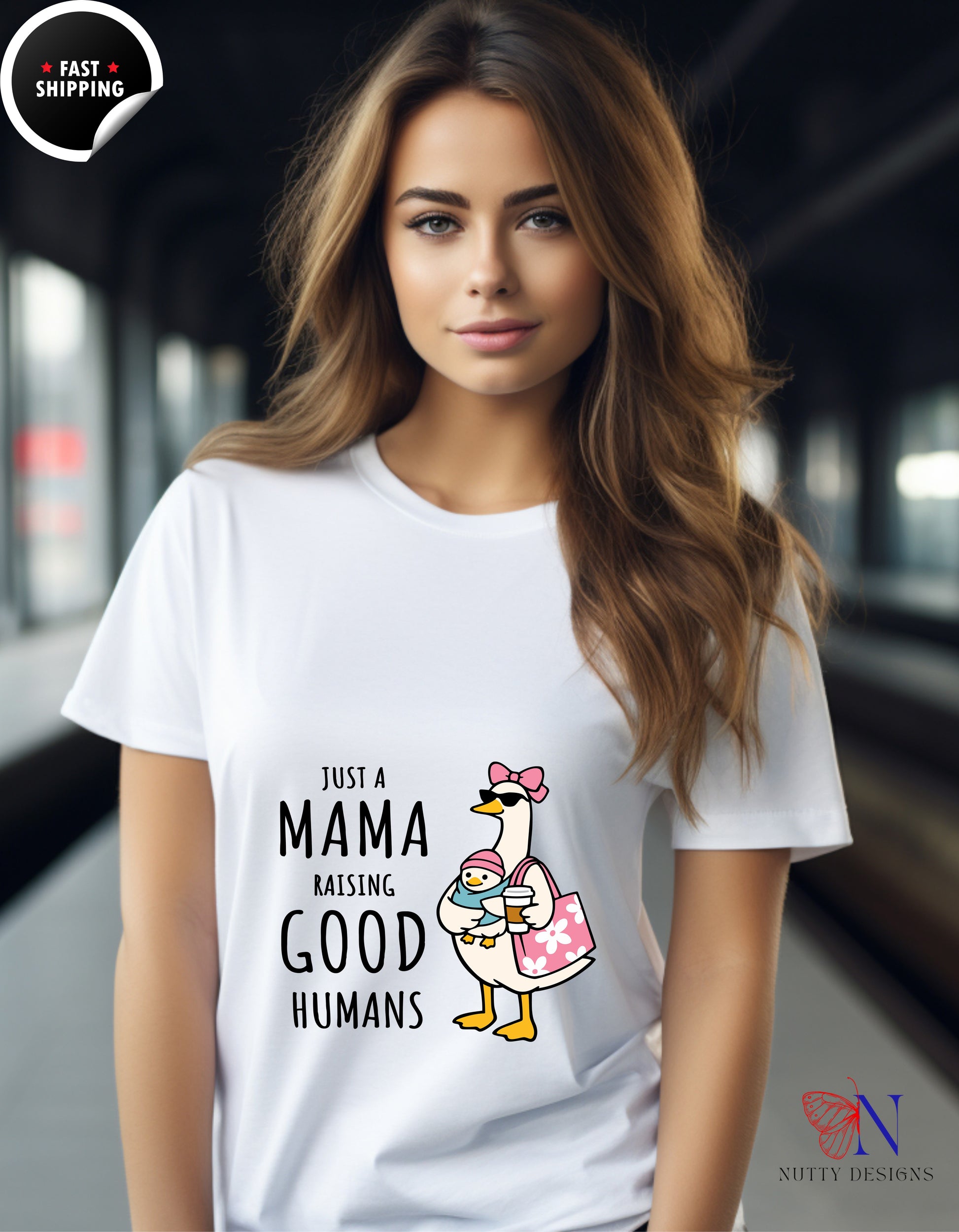 Just A Mama Raising Good Humans Mom Goose t-shirt lifestyle mockup - Mother's Day gift