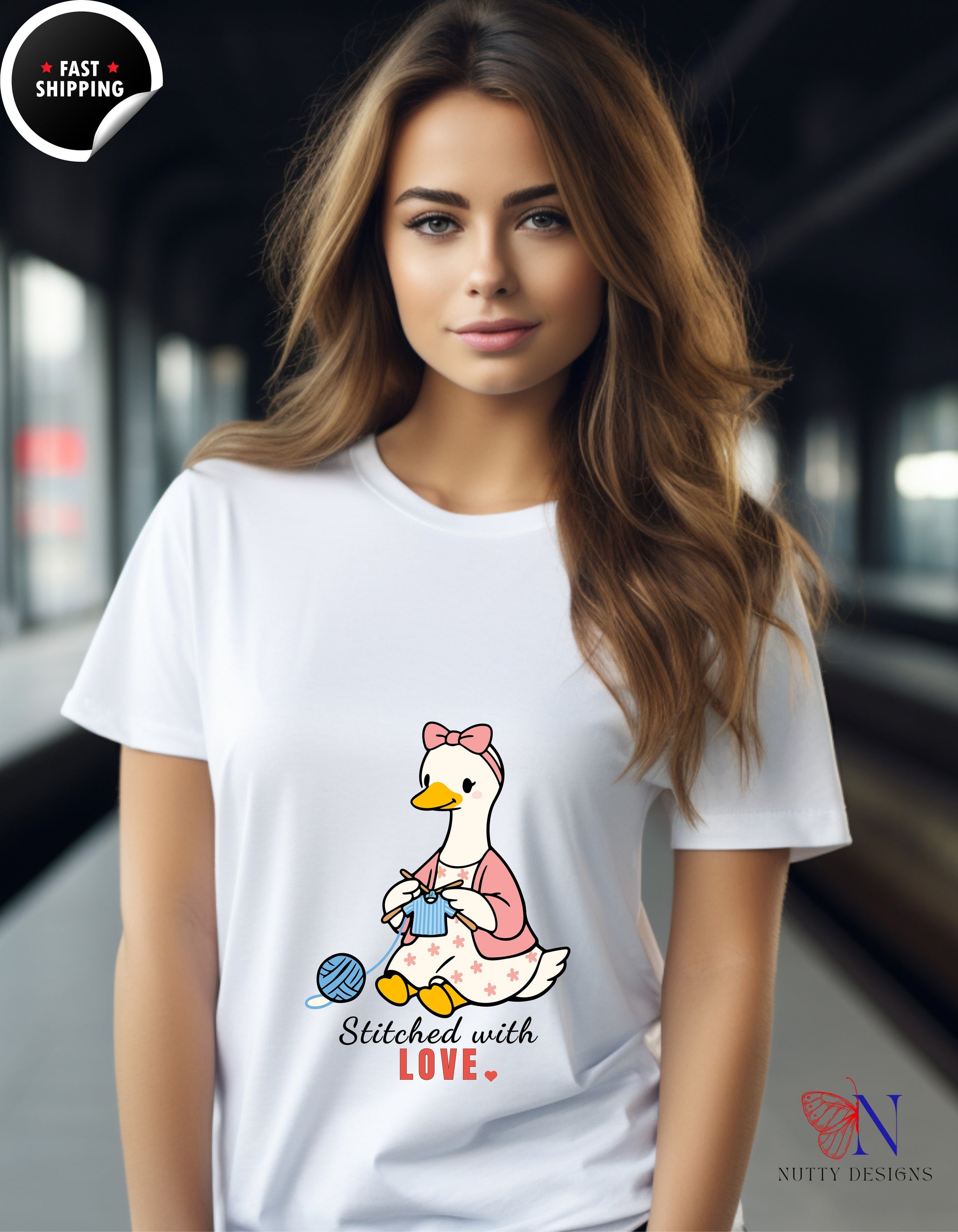 Stitched With Love Mama Goose Knitting t-shirt lifestyle mockup - Mother's Day gift