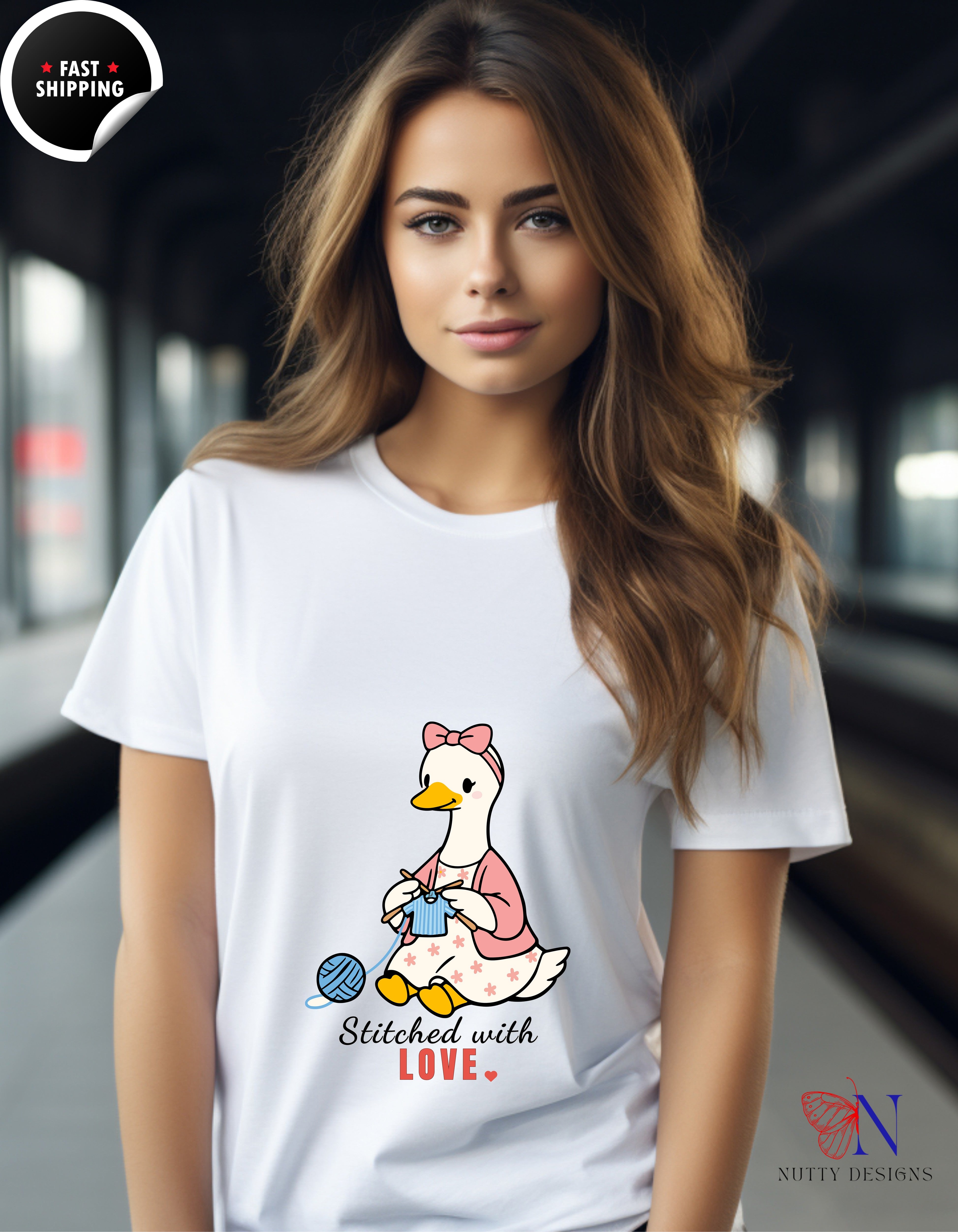 Stitched With Love Mama Goose Knitting t-shirt lifestyle mockup - Mother's Day gift