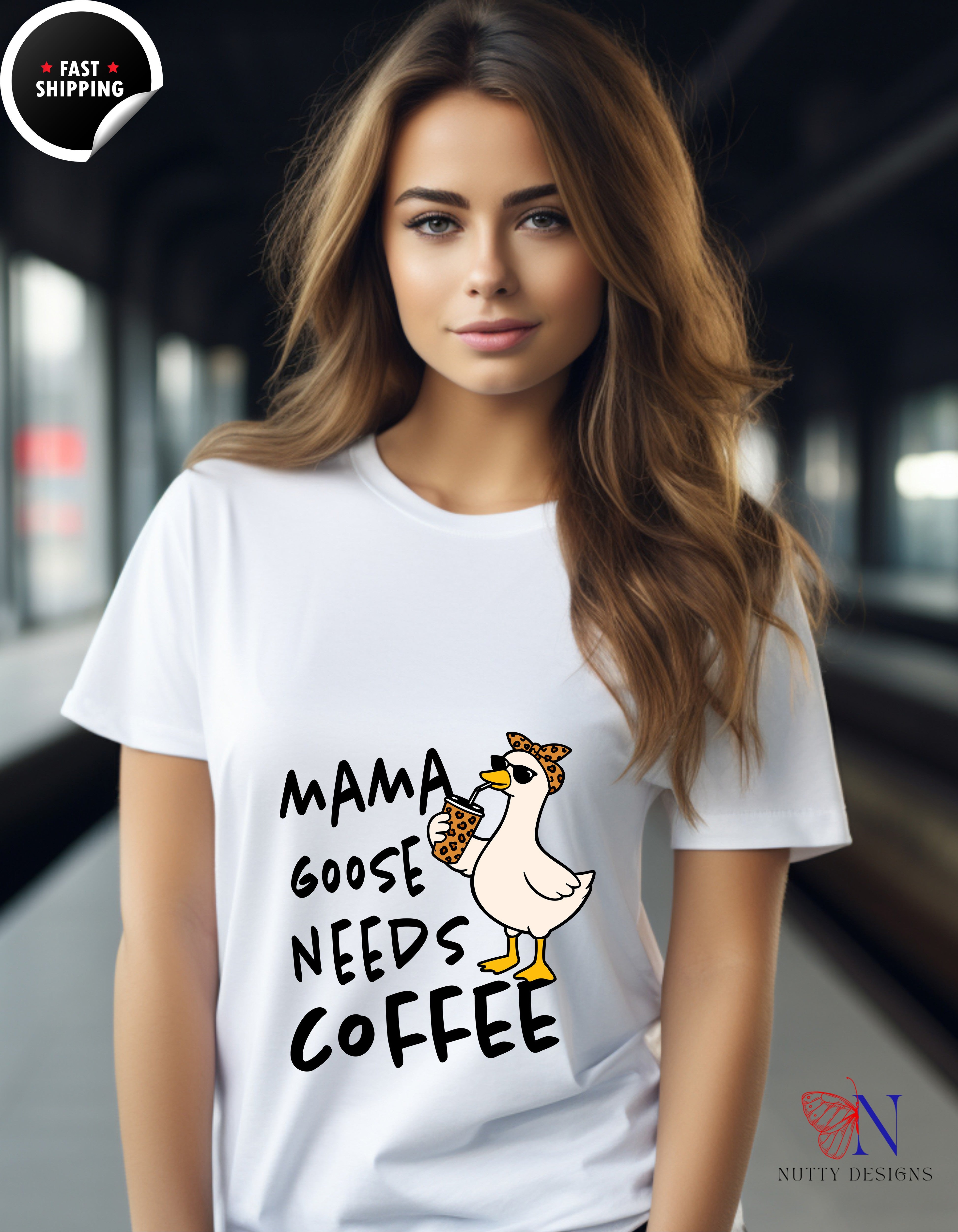 Mama Goose Needs Coffee t-shirt lifestyle mockup - Mother's Day gift