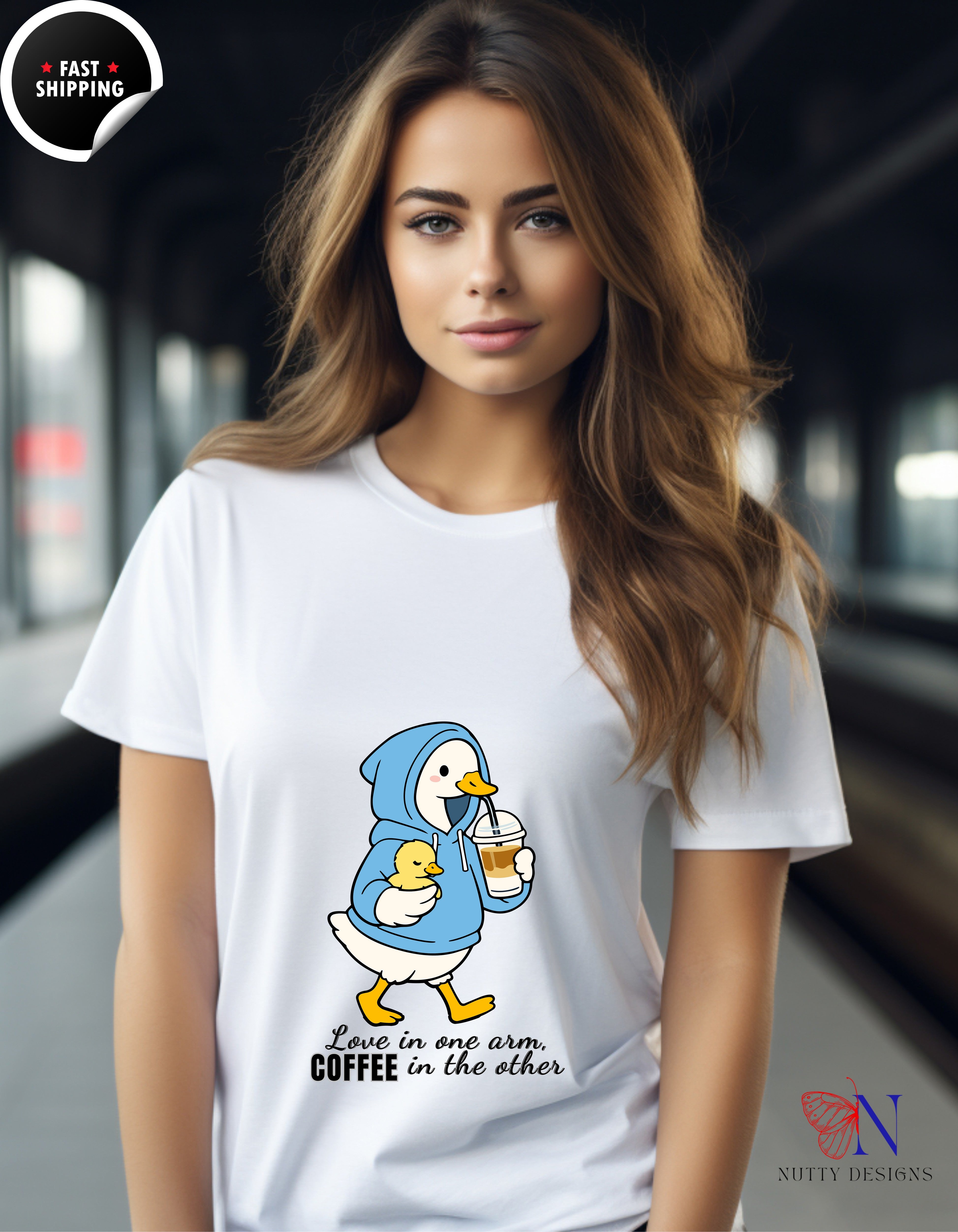 Love In One Arm Coffee In The Other Mama Duck t-shirt lifestyle mockup - Mother's Day gift