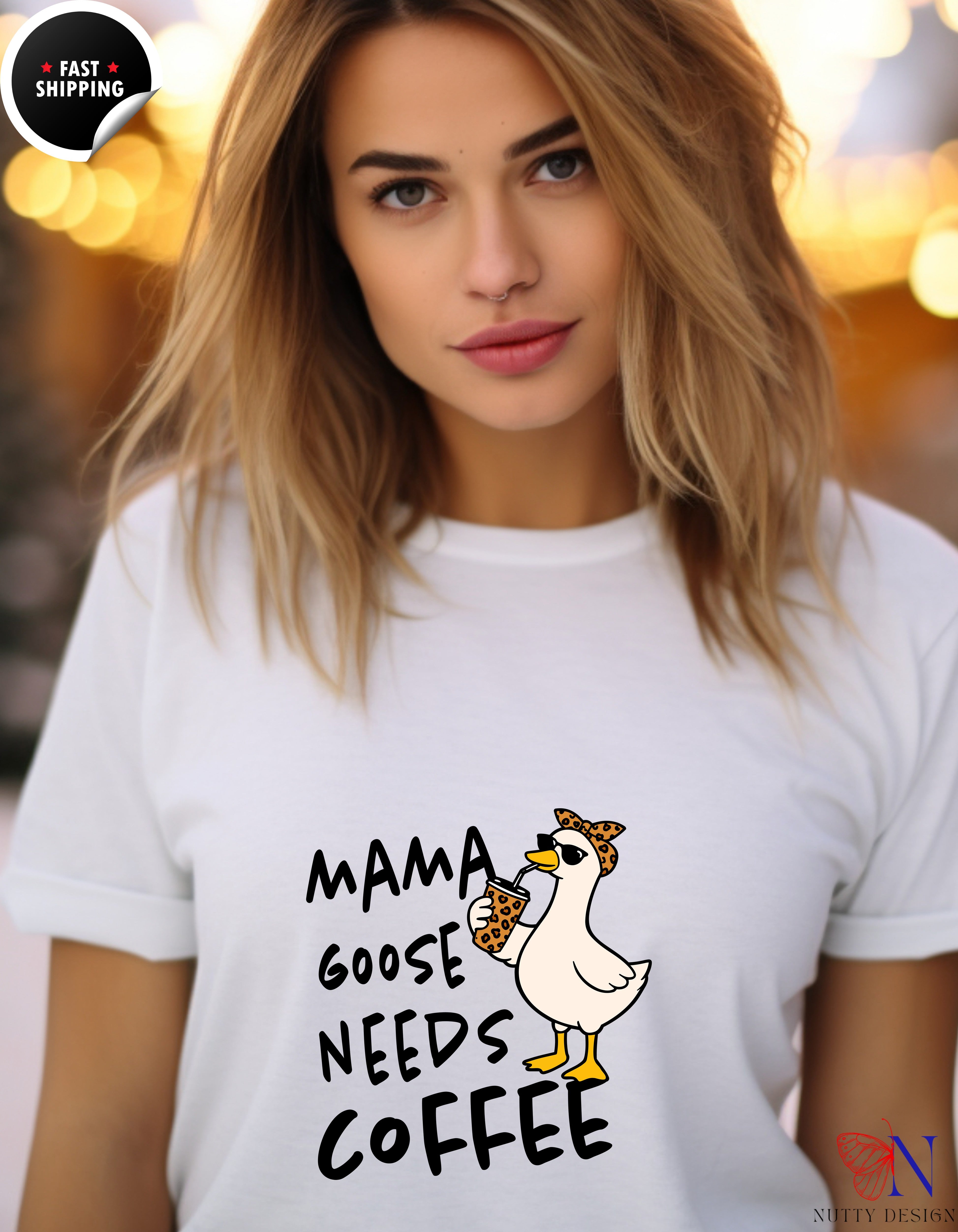 Mama Goose Needs Coffee t-shirt lifestyle mockup - Mother's Day gift