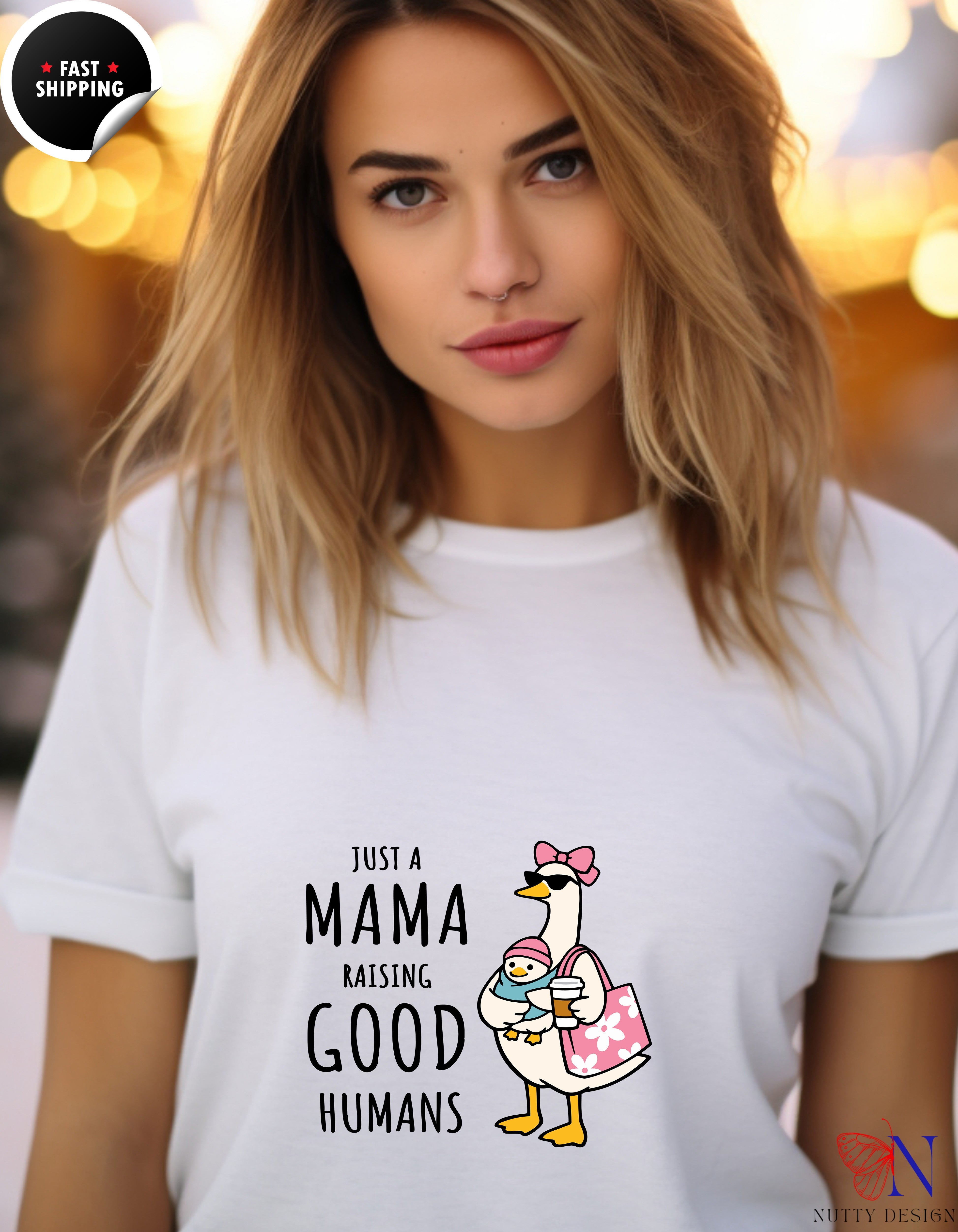 Just A Mama Raising Good Humans Mom Goose t-shirt lifestyle mockup - Mother's Day gift