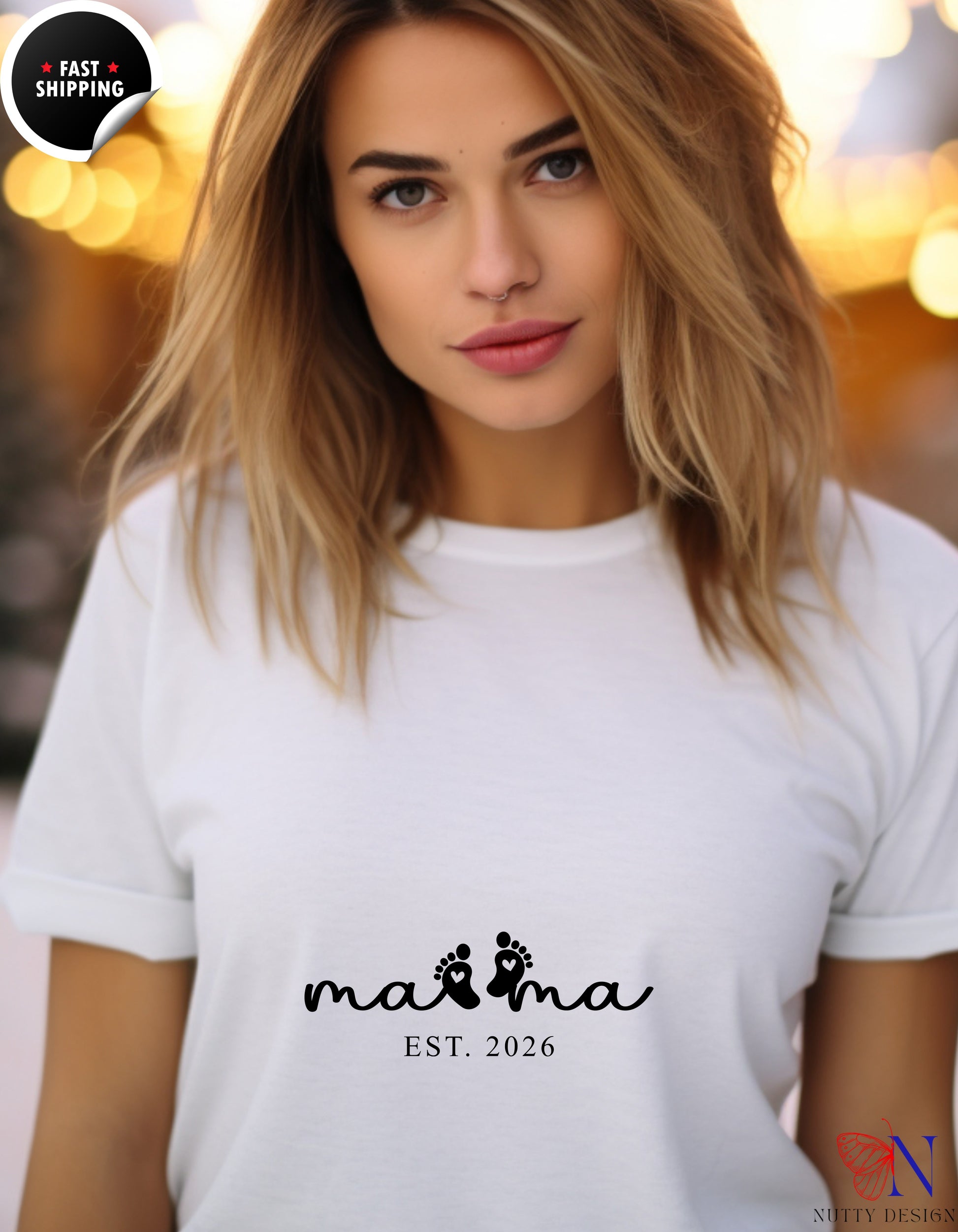 Mama Est 2026 Baby Footprints t-shirt lifestyle mockup - Mother's Day gift