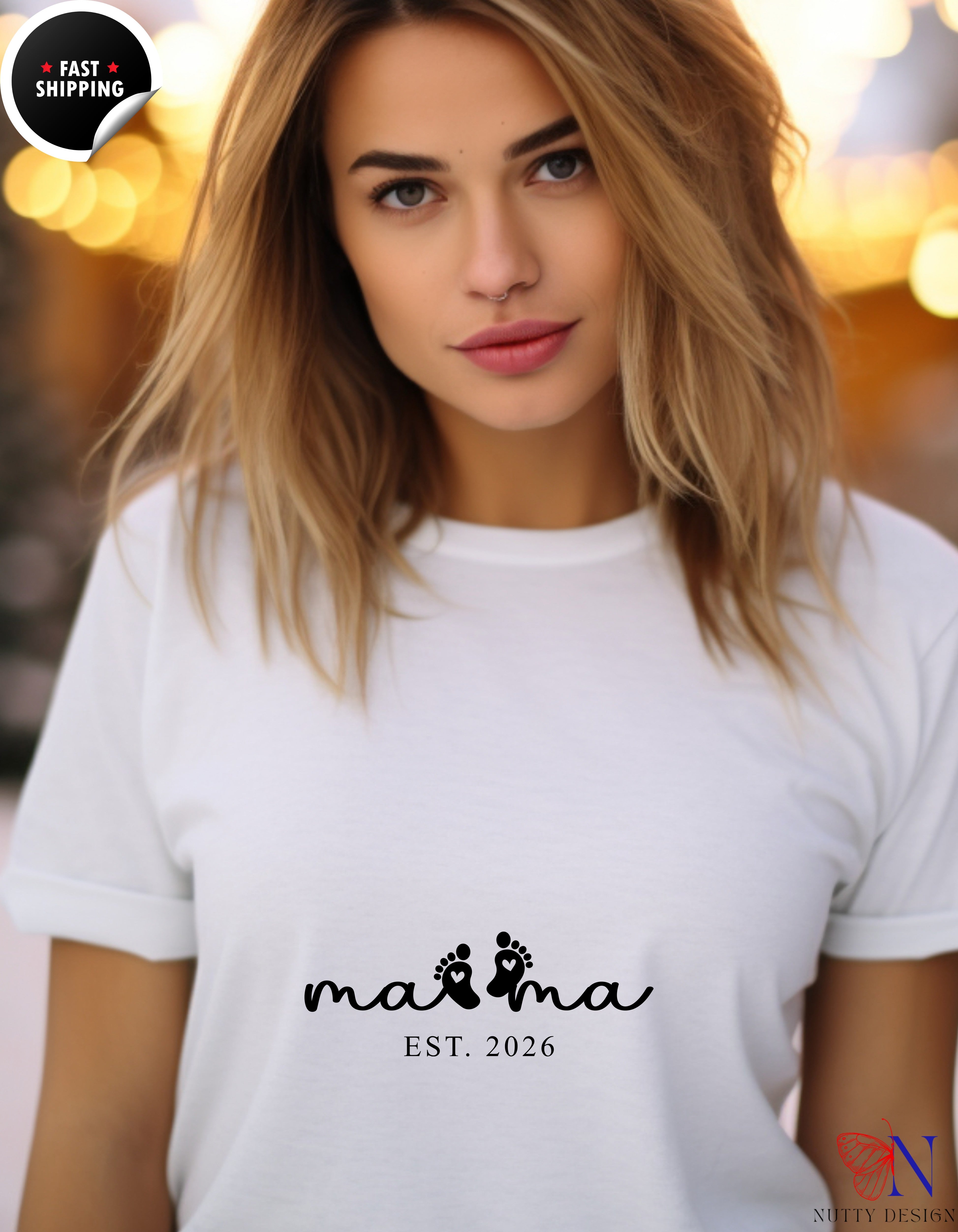 Mama Est 2026 Baby Footprints t-shirt lifestyle mockup - Mother's Day gift