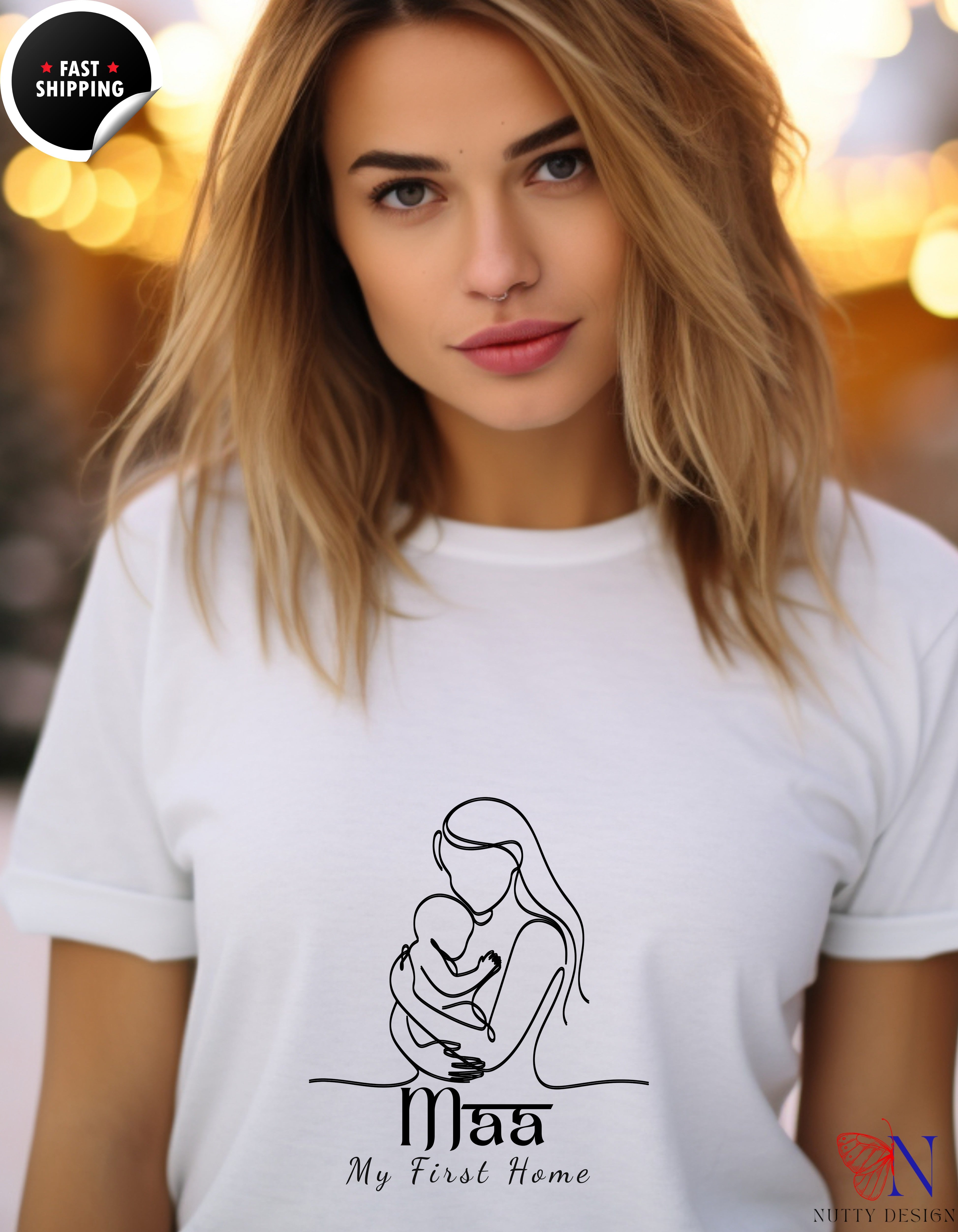Maa My First Home Desi Mom Line Art t-shirt lifestyle mockup - Mother's Day gift