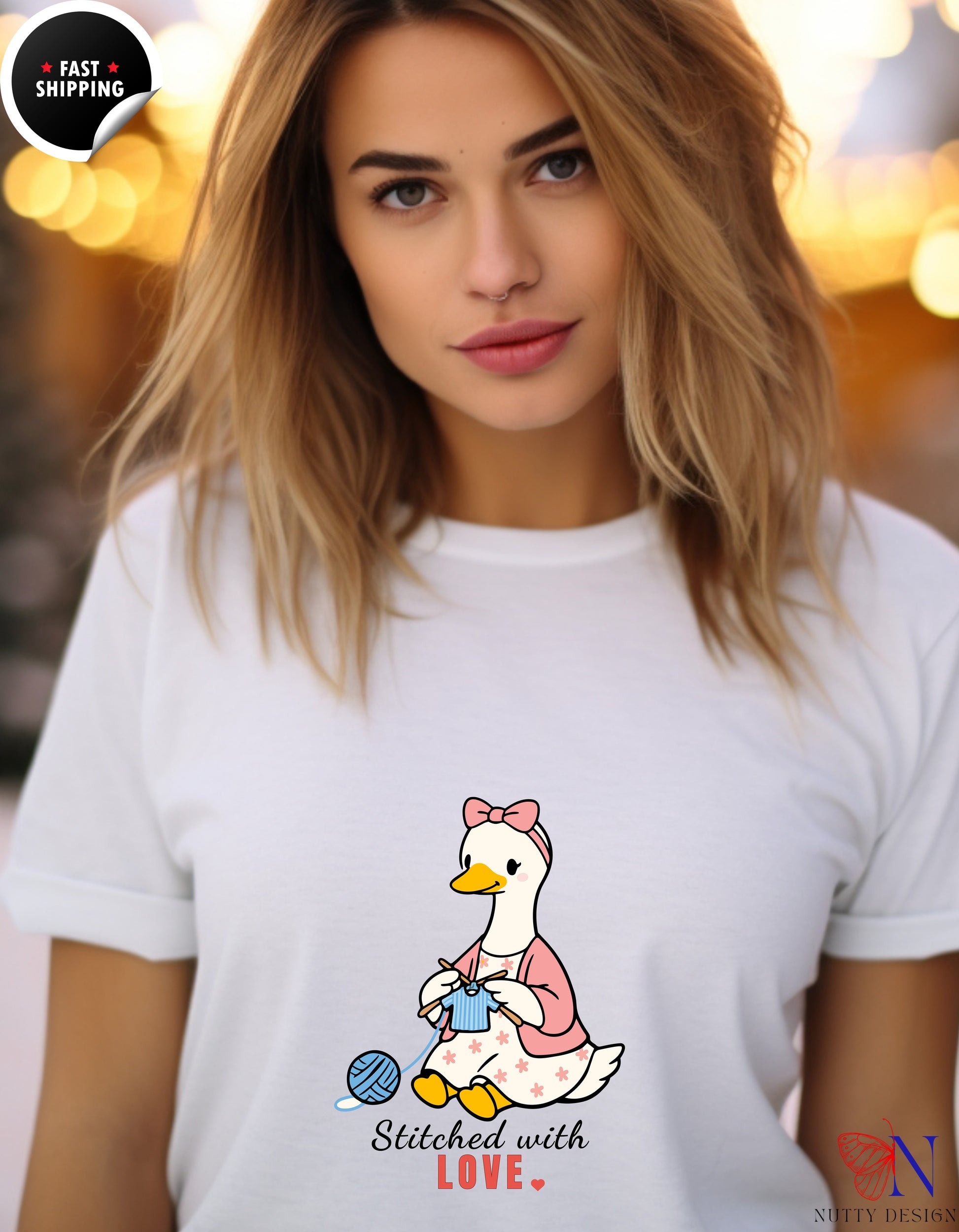 Stitched With Love Mama Goose Knitting t-shirt lifestyle mockup - Mother's Day gift