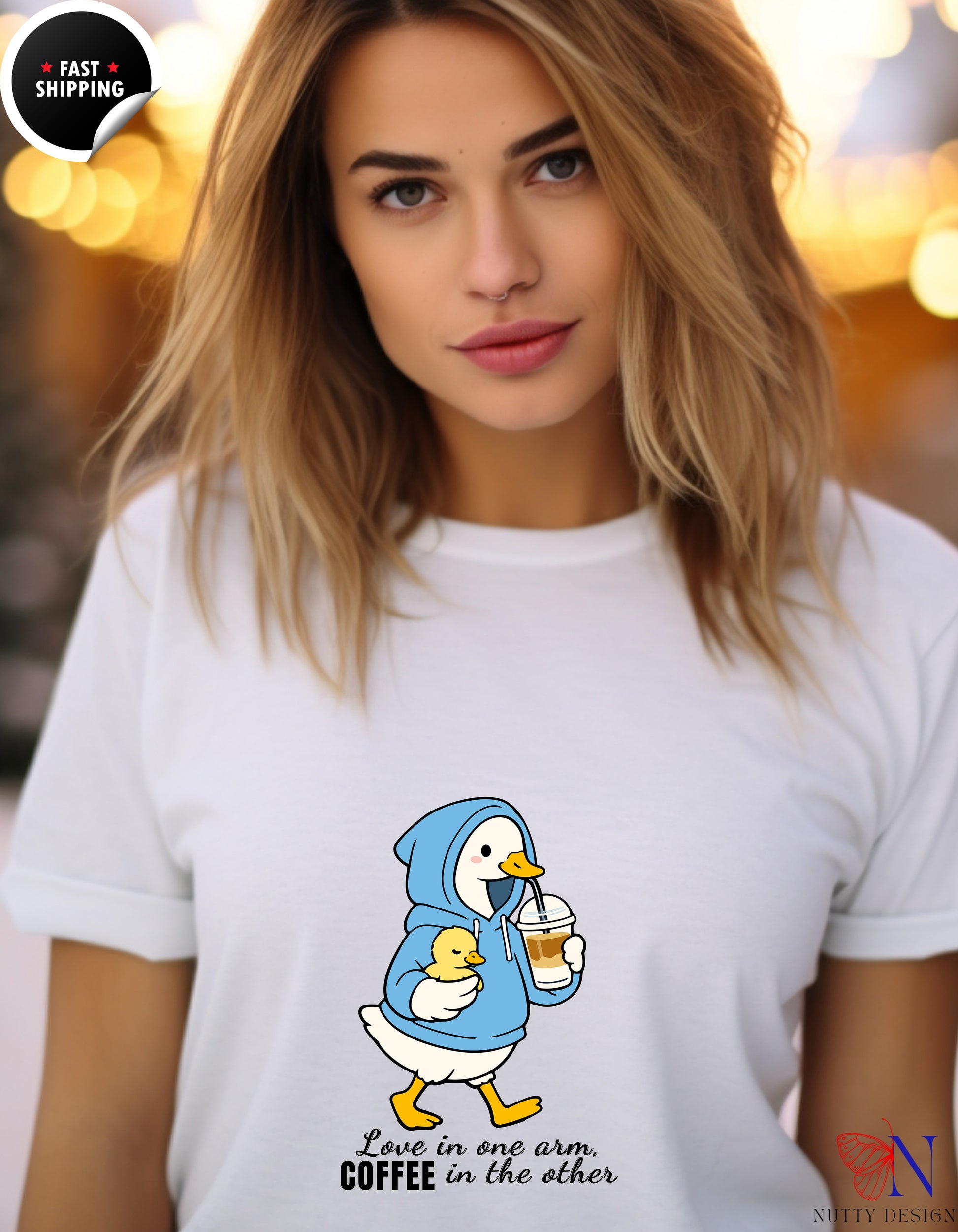 Love In One Arm Coffee In The Other Mama Duck t-shirt lifestyle mockup - Mother's Day gift
