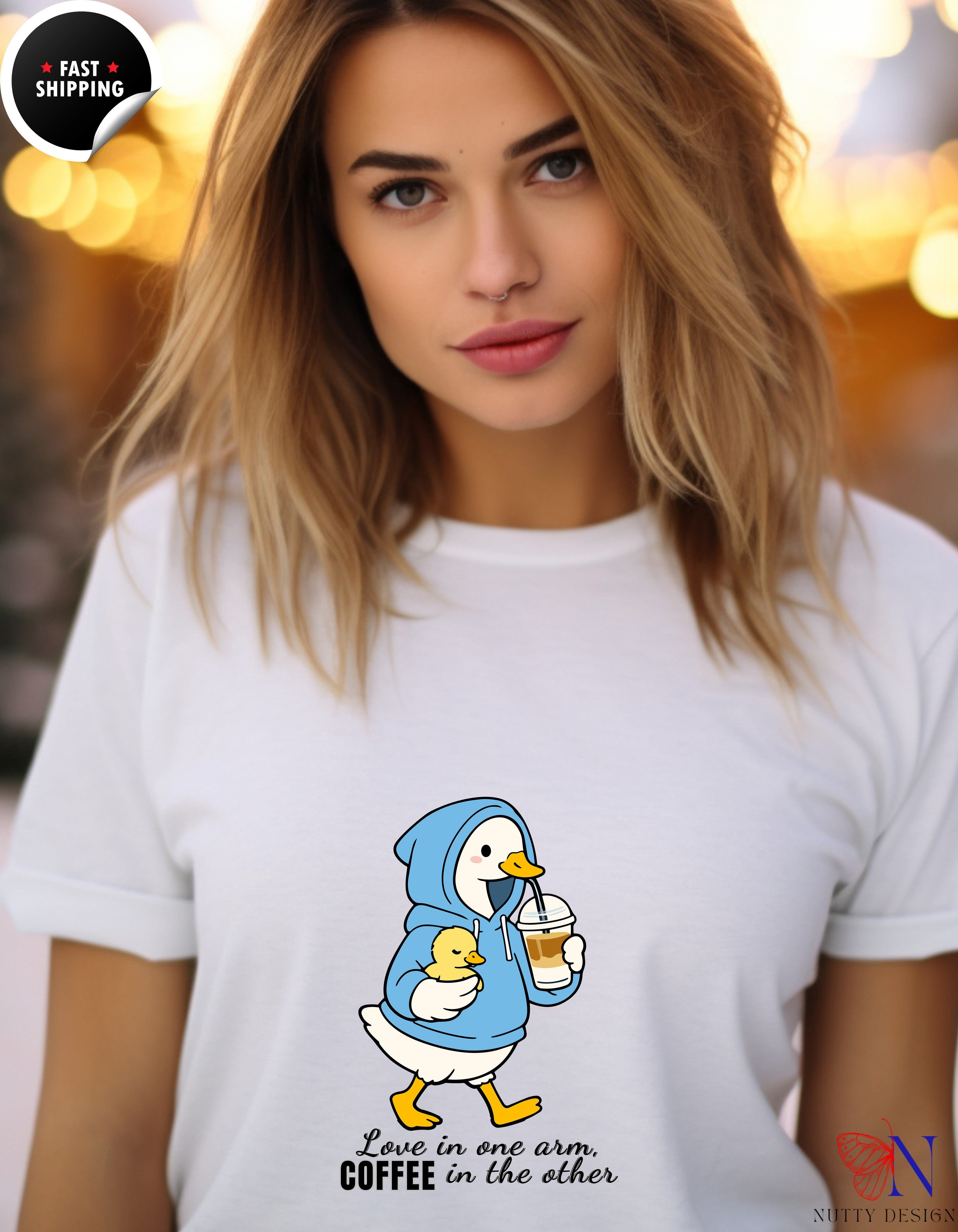 Love In One Arm Coffee In The Other Mama Duck t-shirt lifestyle mockup - Mother's Day gift