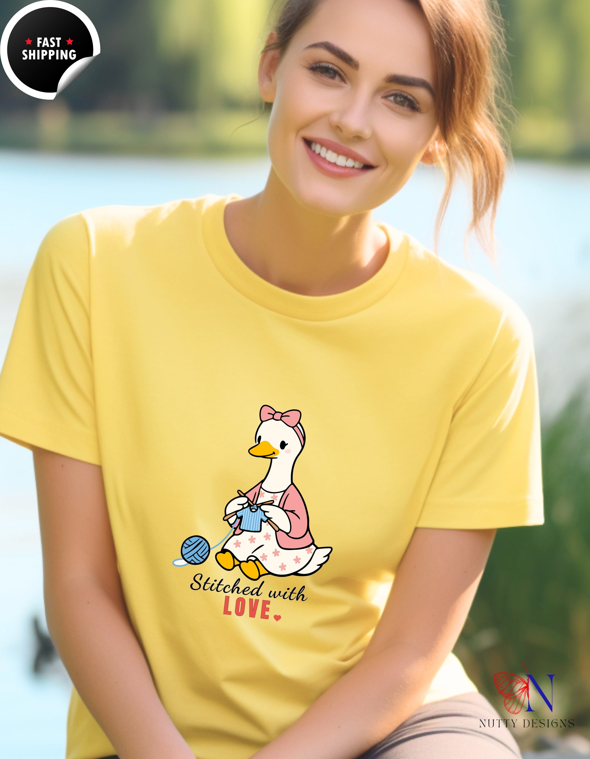 Stitched With Love Mama Goose Knitting t-shirt lifestyle mockup - Mother's Day gift