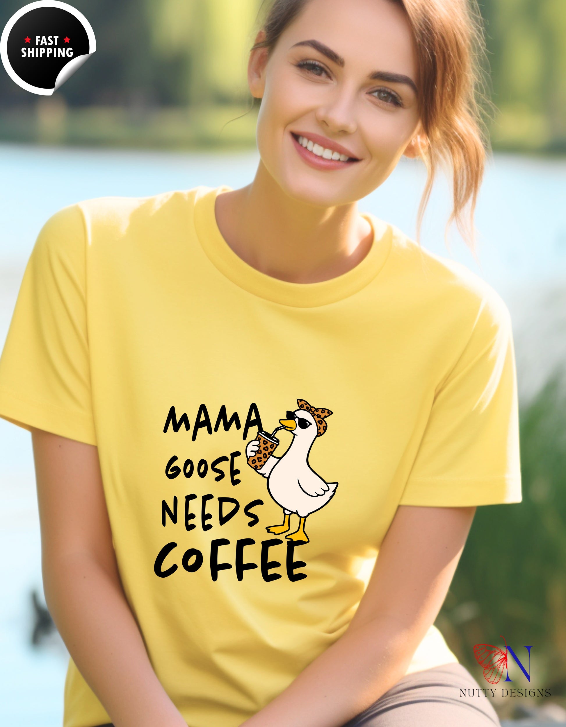 Mama Goose Needs Coffee t-shirt lifestyle mockup - Mother's Day gift