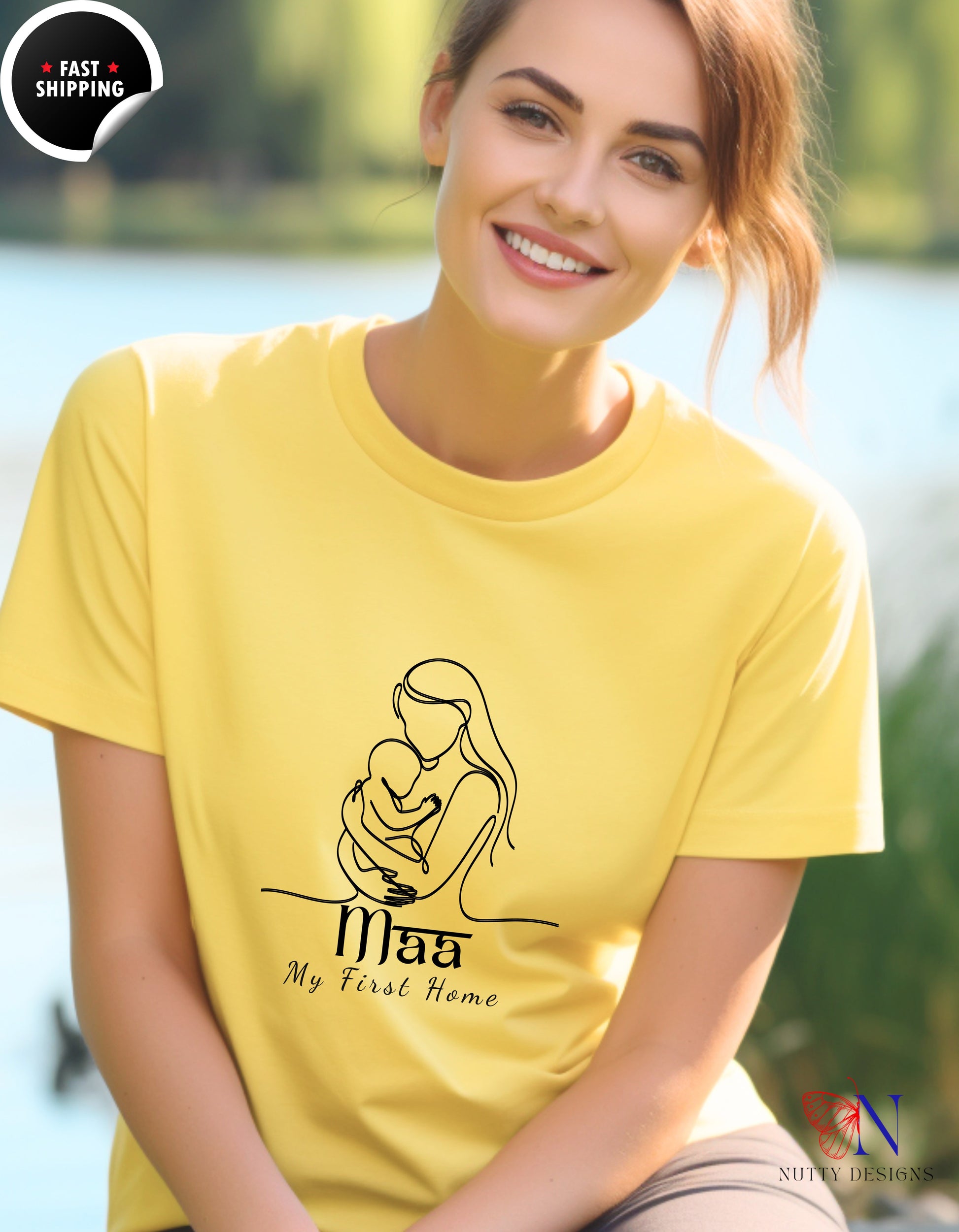 Maa My First Home Desi Mom Line Art t-shirt lifestyle mockup - Mother's Day gift