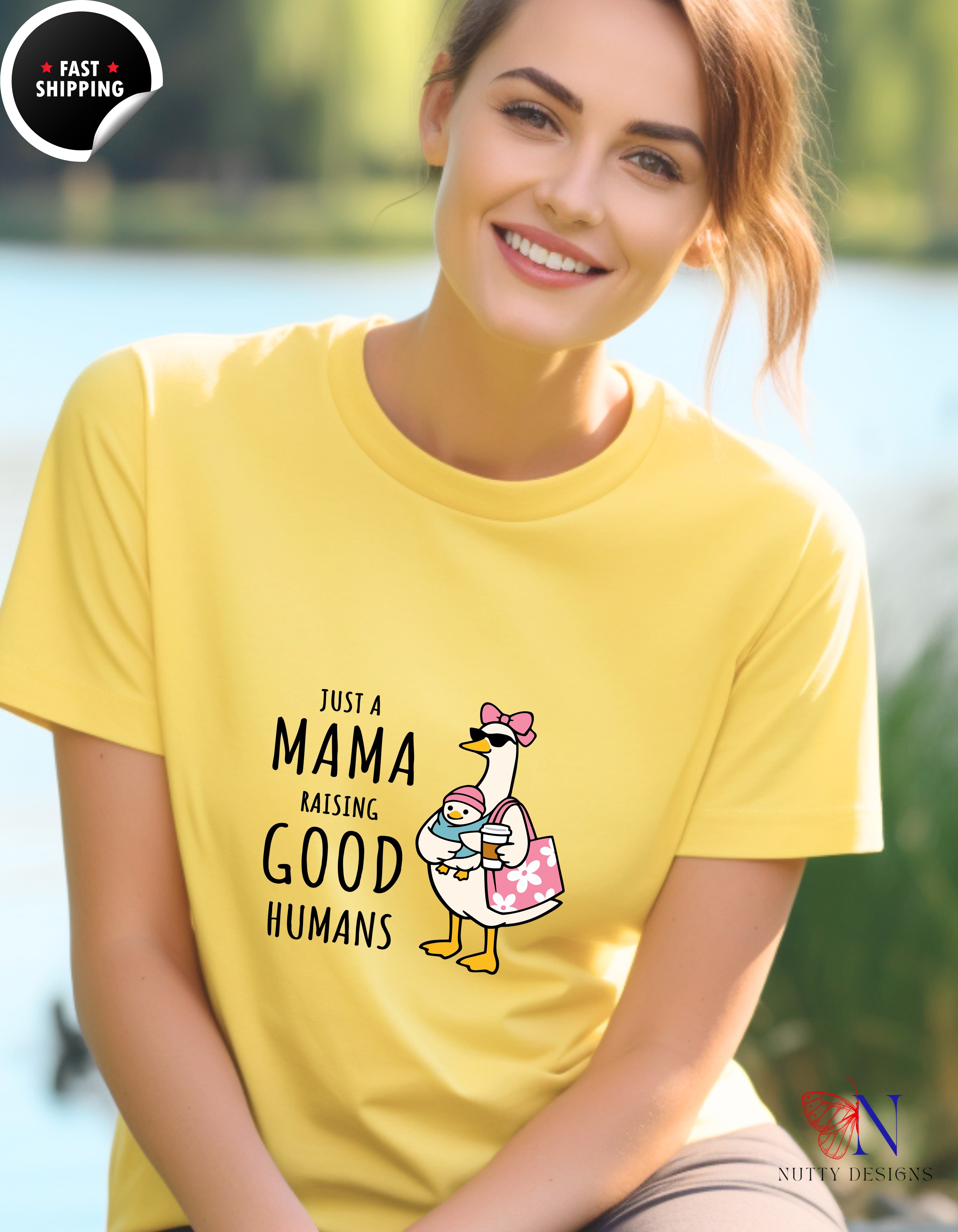 Just A Mama Raising Good Humans Mom Goose t-shirt lifestyle mockup - Mother's Day gift