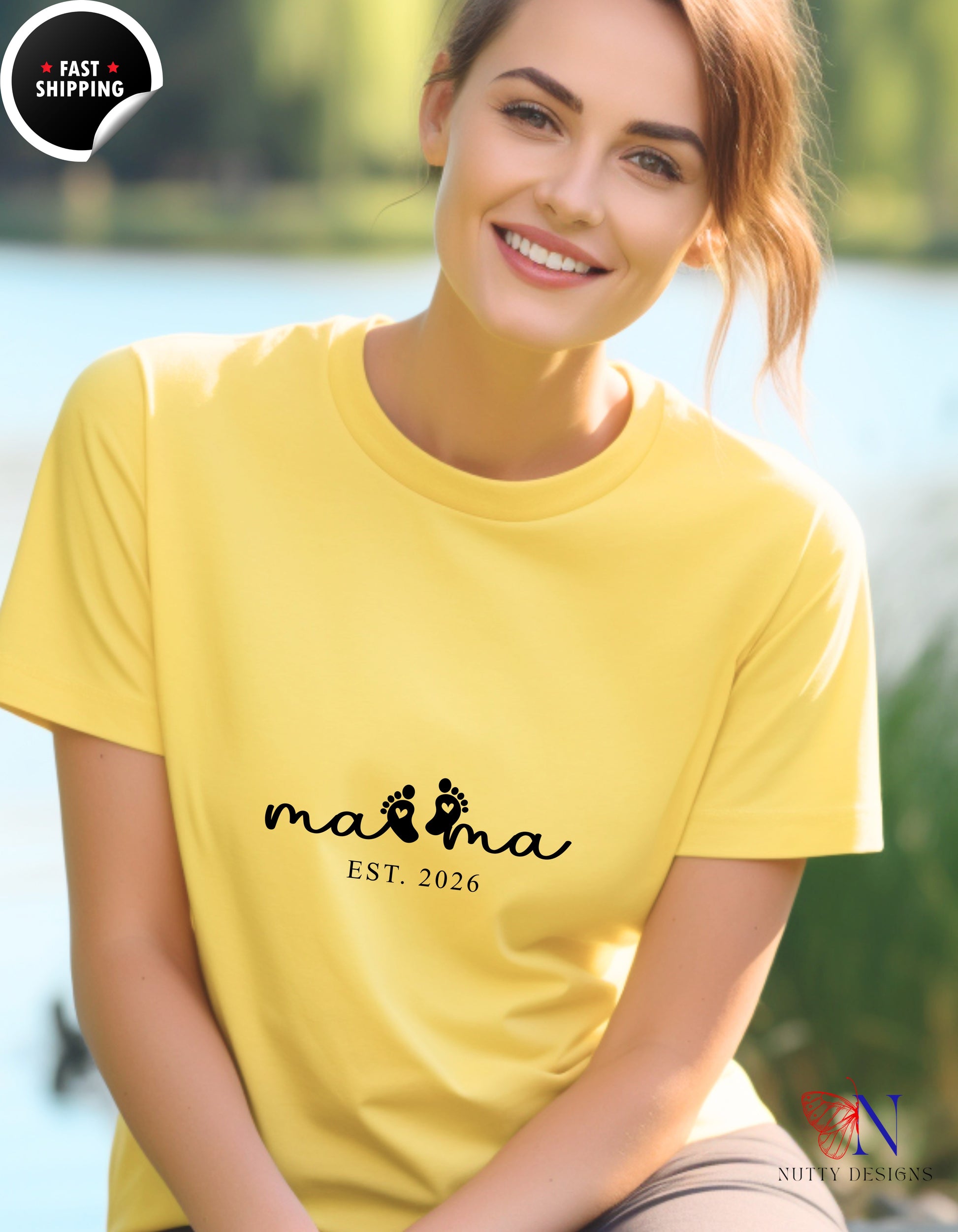 Mama Est 2026 Baby Footprints t-shirt lifestyle mockup - Mother's Day gift