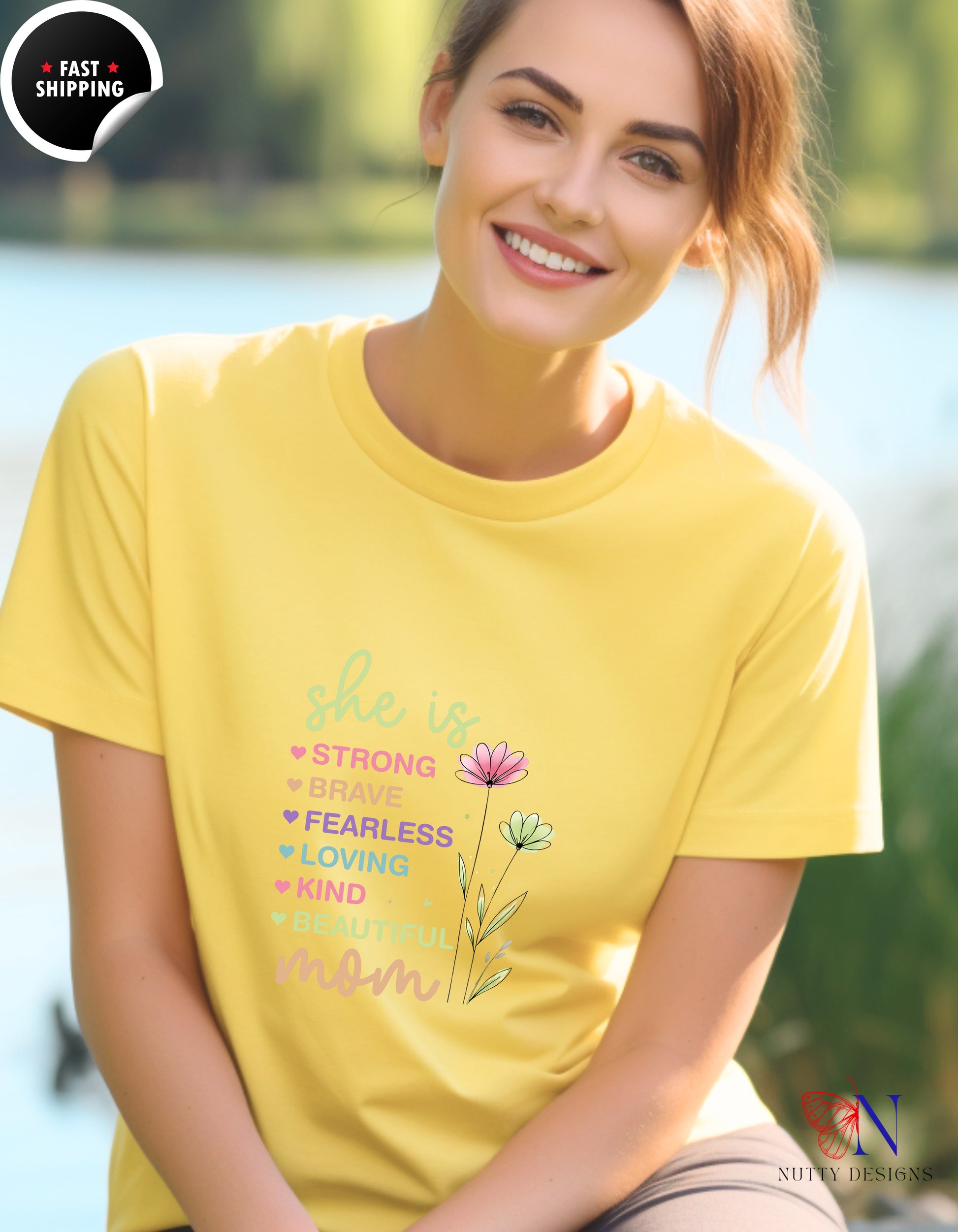 She Is Strong Mom Wildflower Garden t-shirt lifestyle mockup - Mother's Day gift