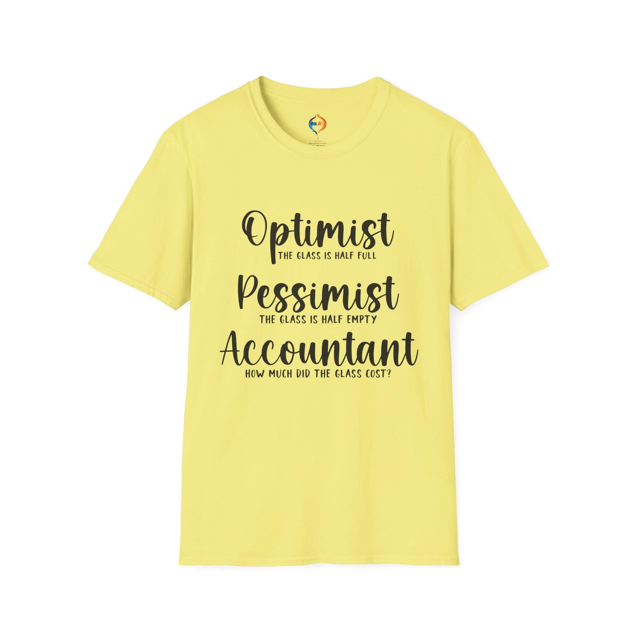 Optimist Pessimist Accountant T-Shirt, Funny Accountant tee, Unique apparel for CPAs, Bookkeepers, Humorous Graphic Tee, white elephant gift