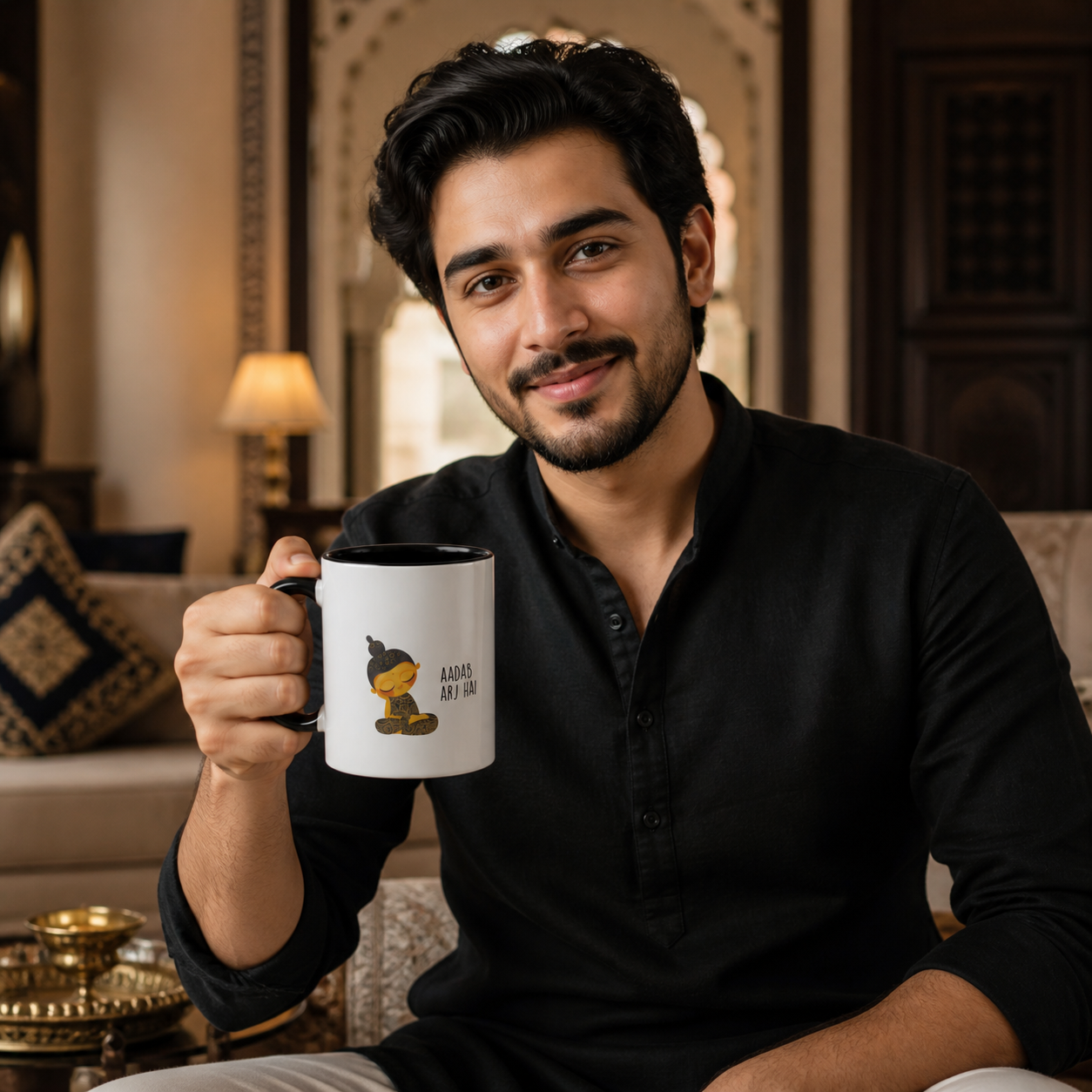 Young Indian man holding black-accent Aadab Arj Hai mug