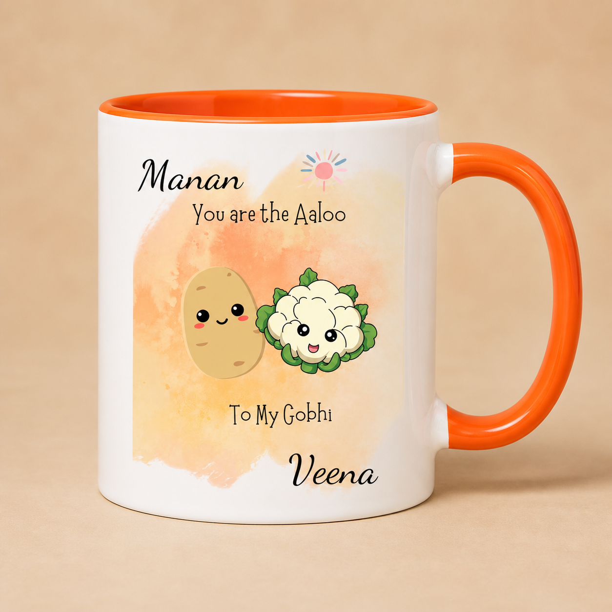 Personalized Aaloo to My Gobhi orange accent mug