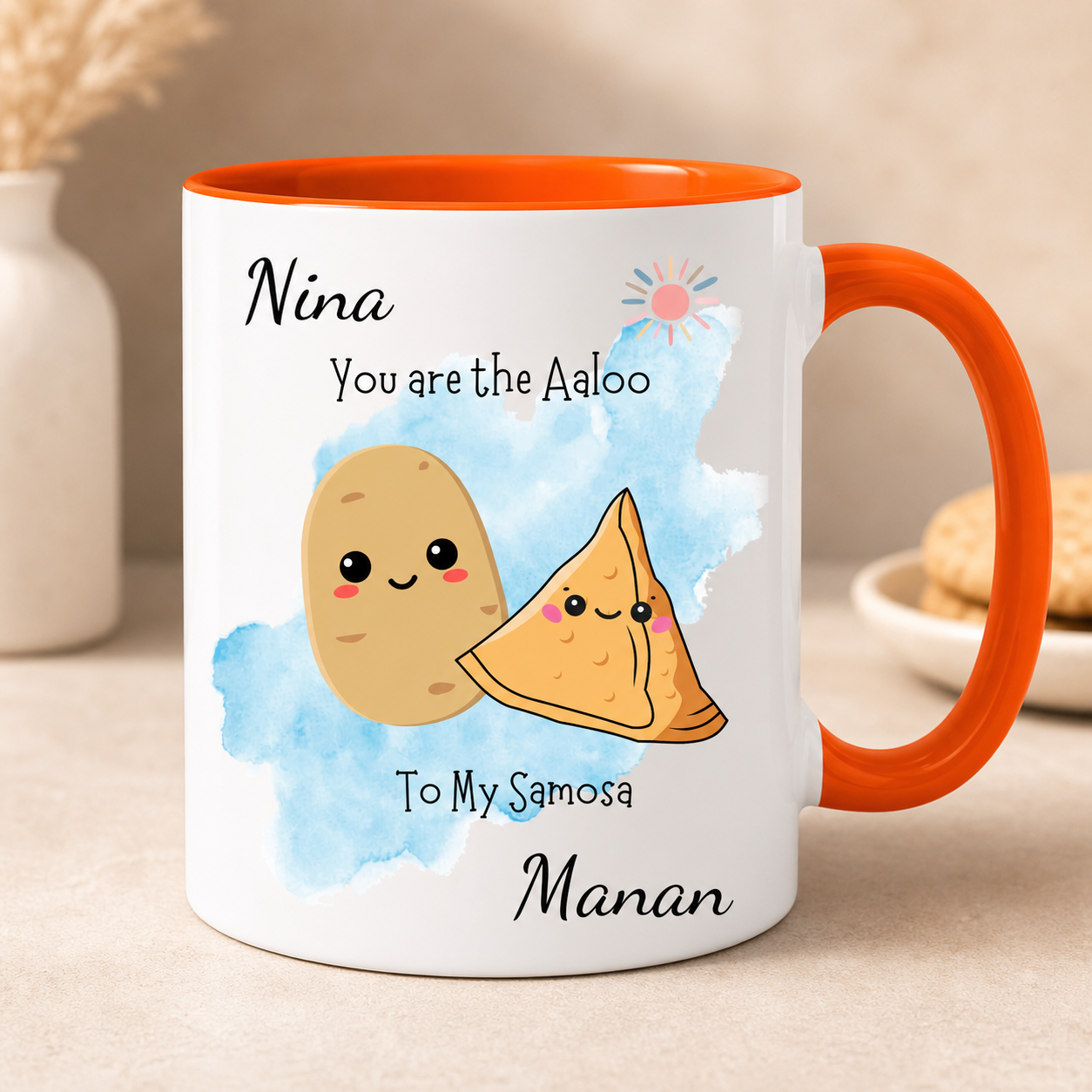 Personalized Aaloo to My Samosa orange accent mug
