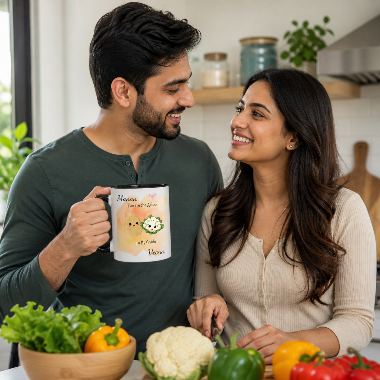 Young South Asian couple cooking with a personalized black accent You Are The Aaloo To My Gobhi mug