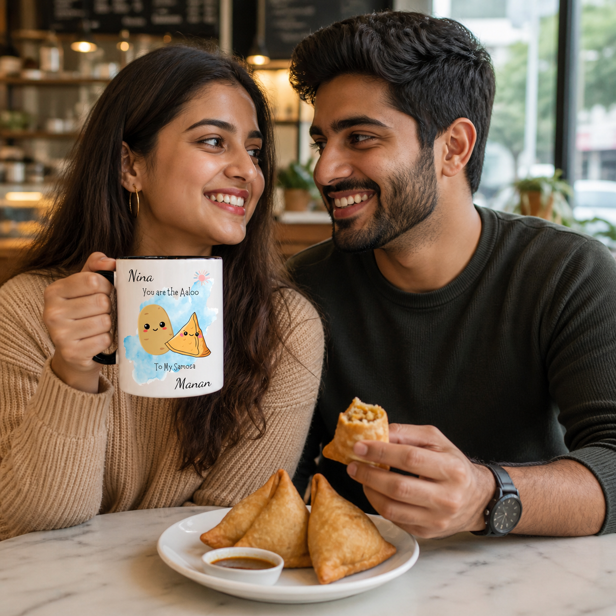 Young South Asian couple with a personalized black accent You Are The Aaloo To My Samosa mug