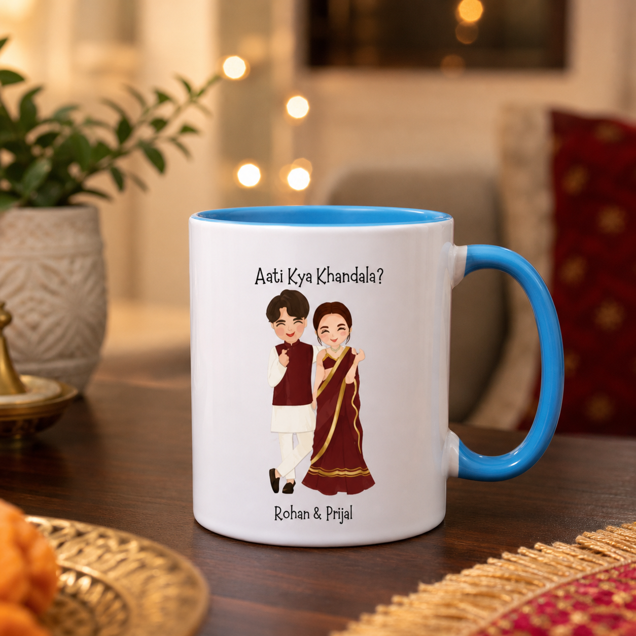 Personalized Aati Kya Khandala blue accent mug in a festive home setting