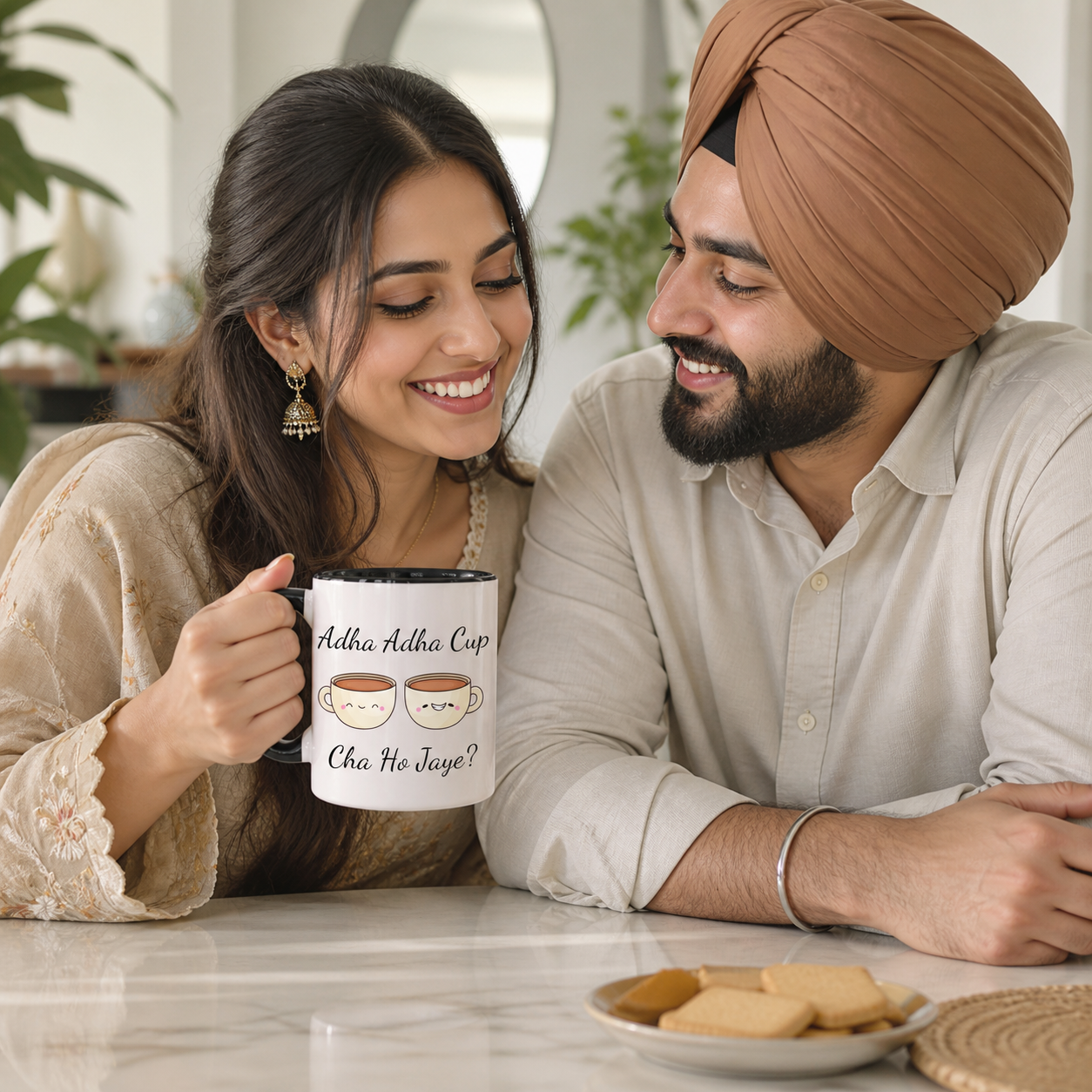 Young Punjabi couple sharing tea with a black accent Adha Adha Cup Cha Ho Jaye mug