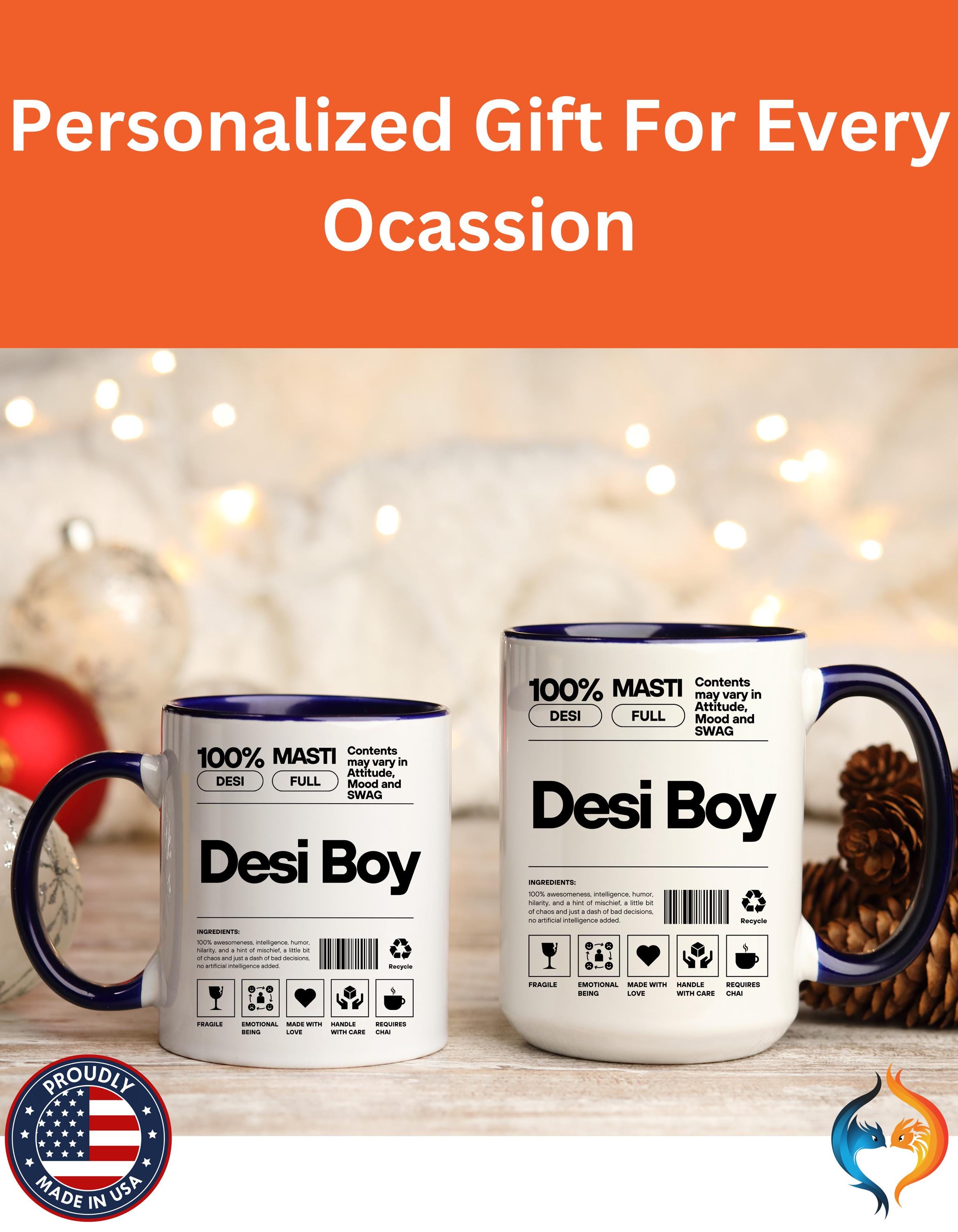 Funny Coffee Mug, Personalized Mug, Desi Boy Desi Roots Indian Accent Chai Cup (11/15oz), Gift Under 20, white elephant, brown humor