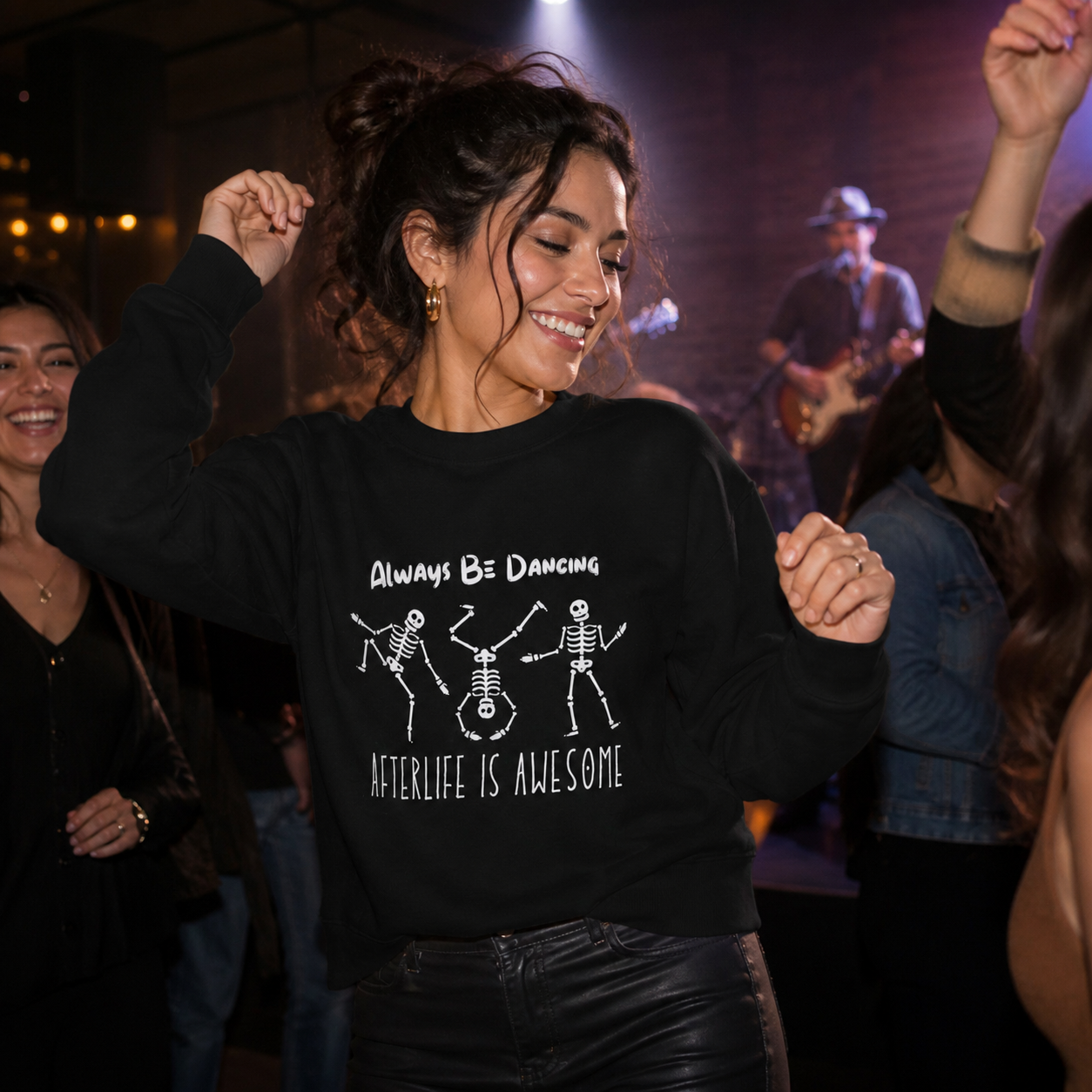 Young woman dancing in Always Be Dancing skeleton crewneck sweatshirt