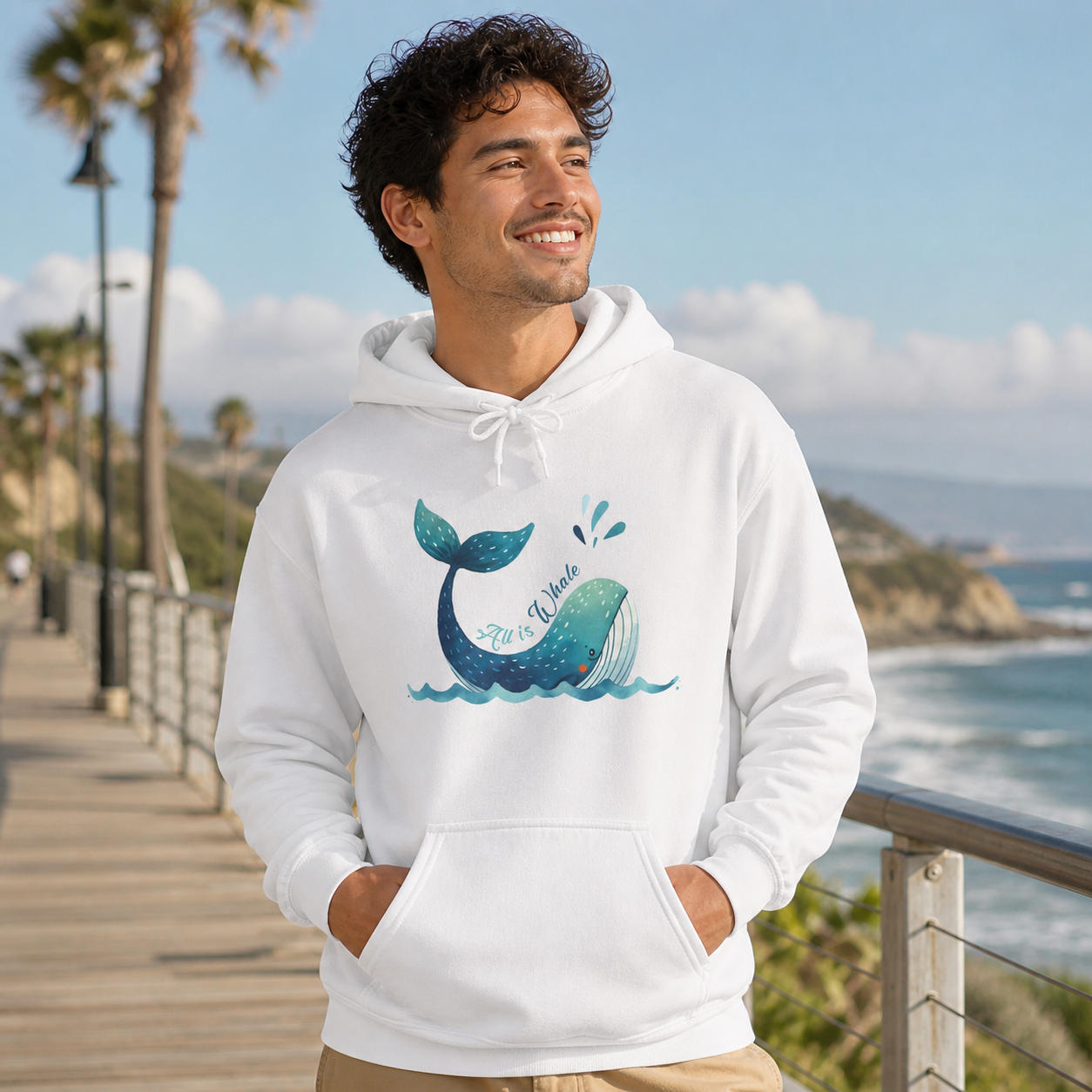 Young man wearing All Is Whale watercolor hoodie on a coastal boardwalk