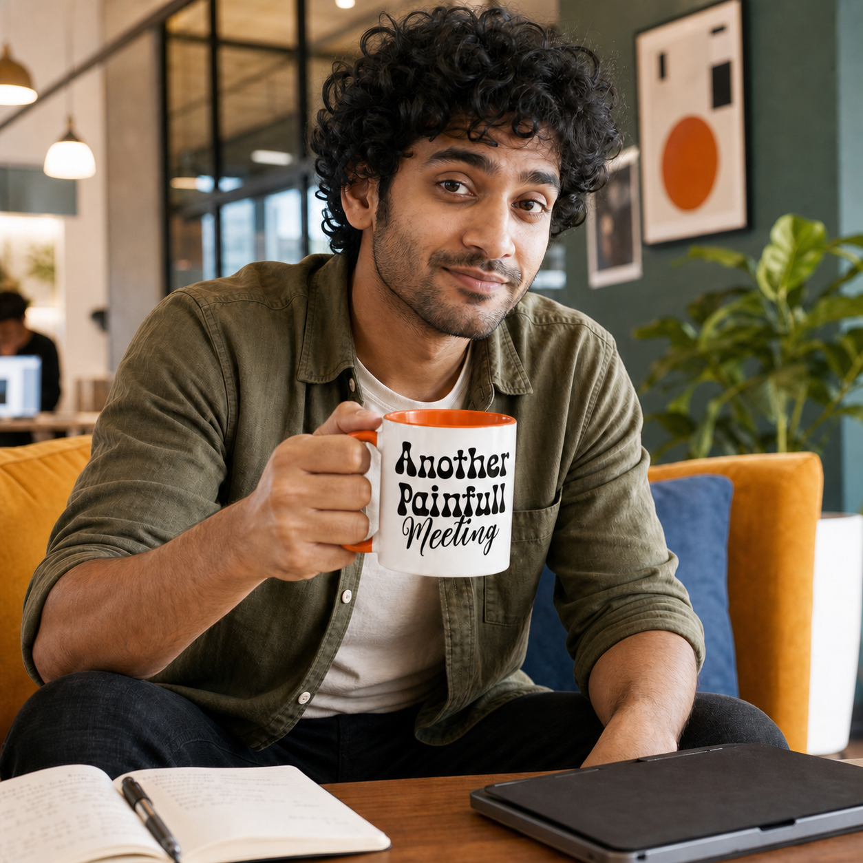 Young professional holding orange-accent Another Painfull Meeting mug in coworking lounge
