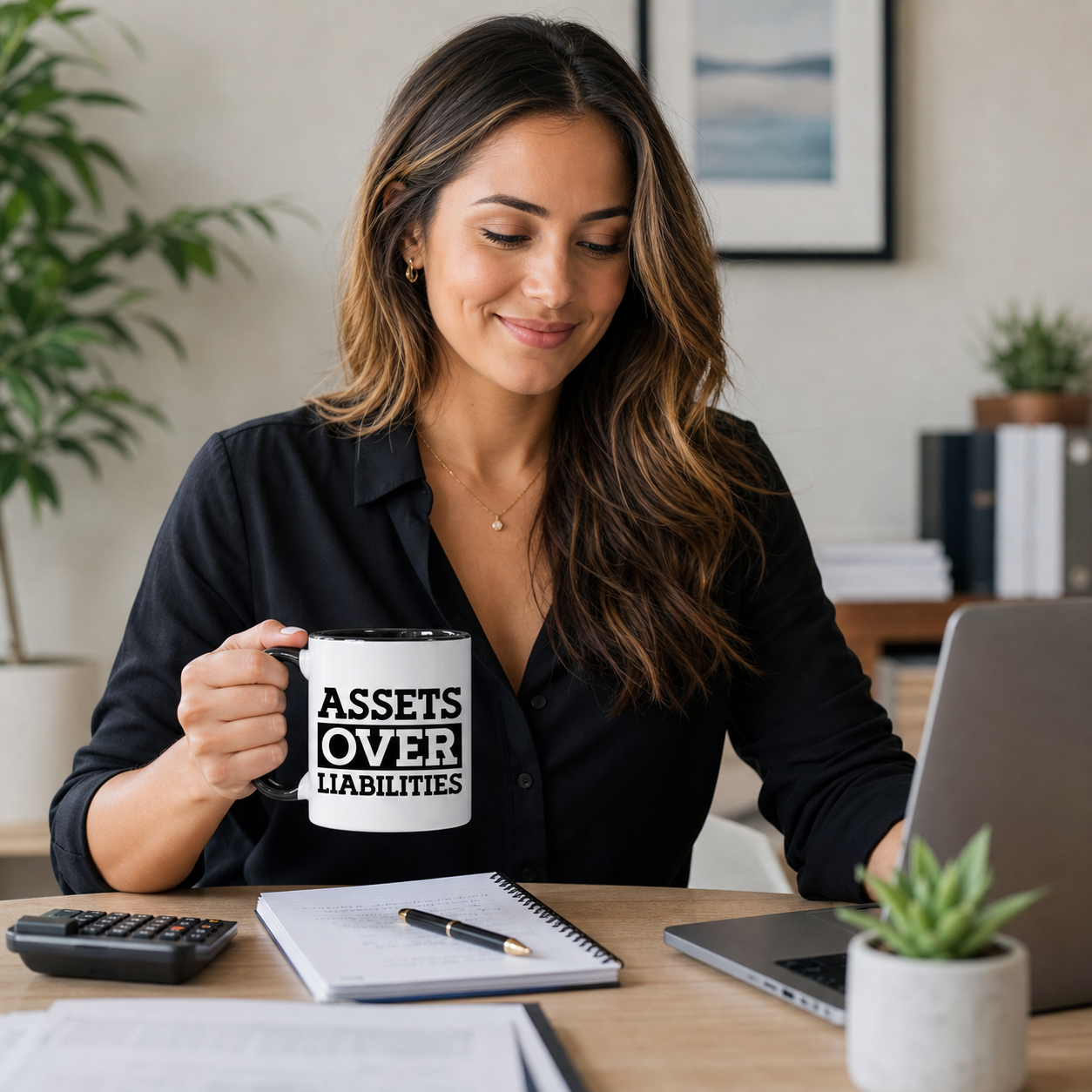 Professional woman using a black accent Assets Over Liabilities accountant mug at her desk