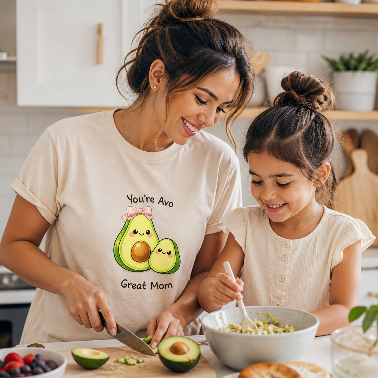 Young mom wearing You Are Avo Great Mom avocado T-shirt with her child