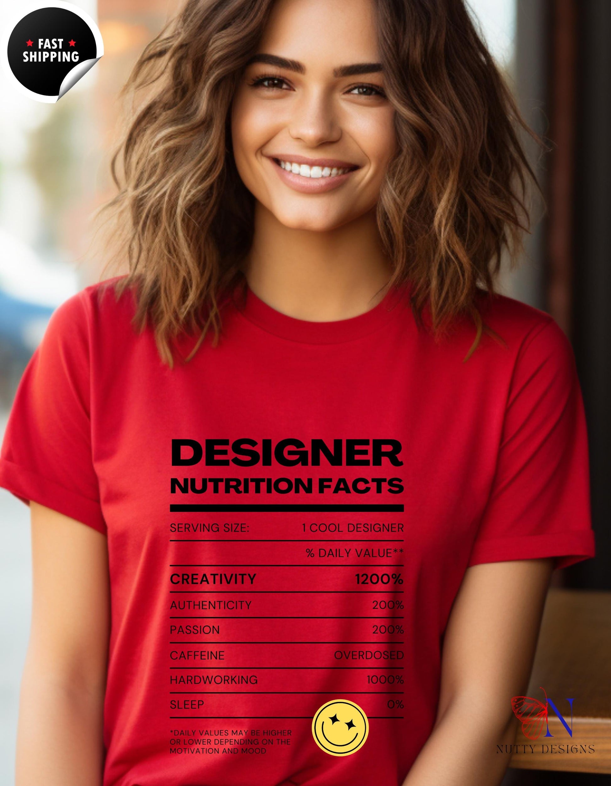 a woman wearing a red t - shirt that says designer nutrition fact