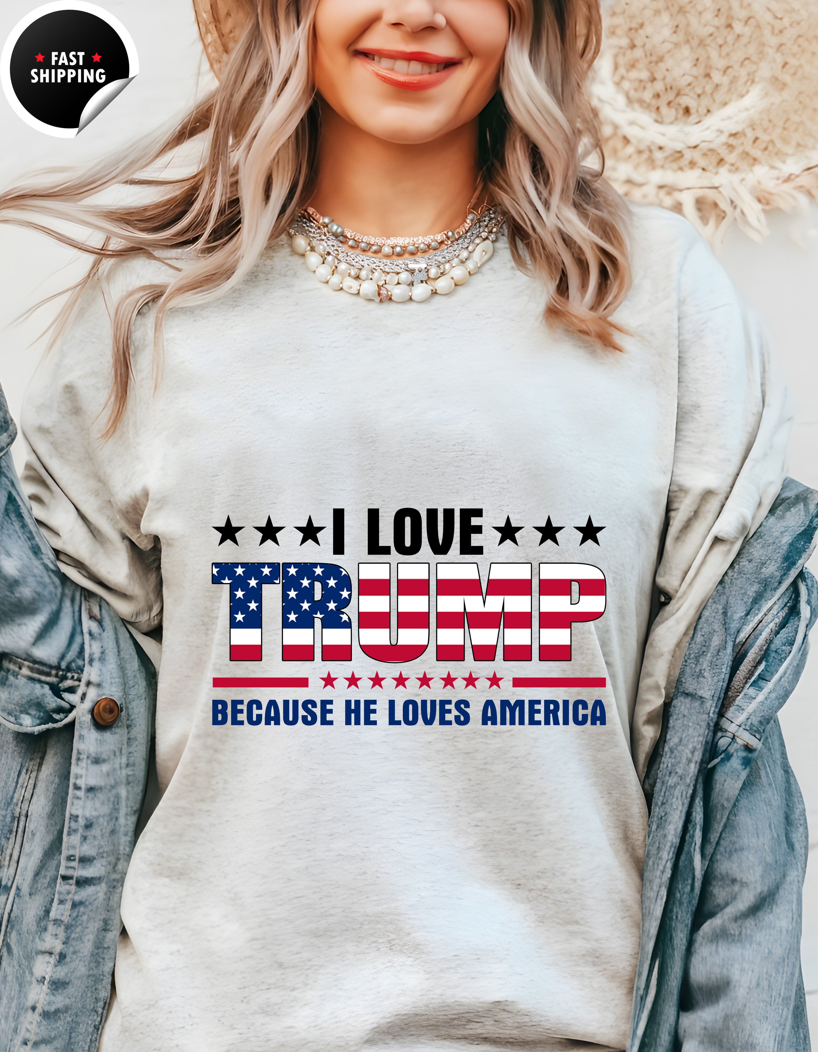 a woman wearing a t - shirt that says i love trump because he loves america