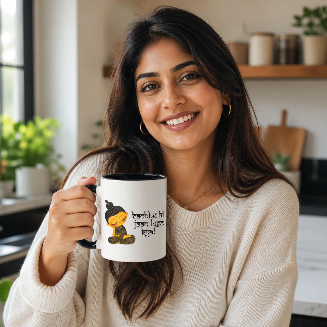 Young South Asian woman holding a black accent Bachhe Ki Jaan Loge Kya Desi coffee mug in a modern kitchen