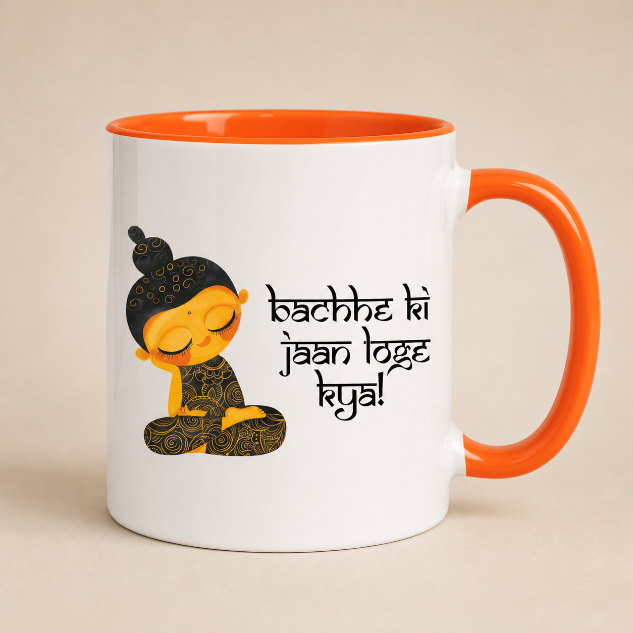 Bachhe Ki Jaan Loge Kya orange accent mug product image