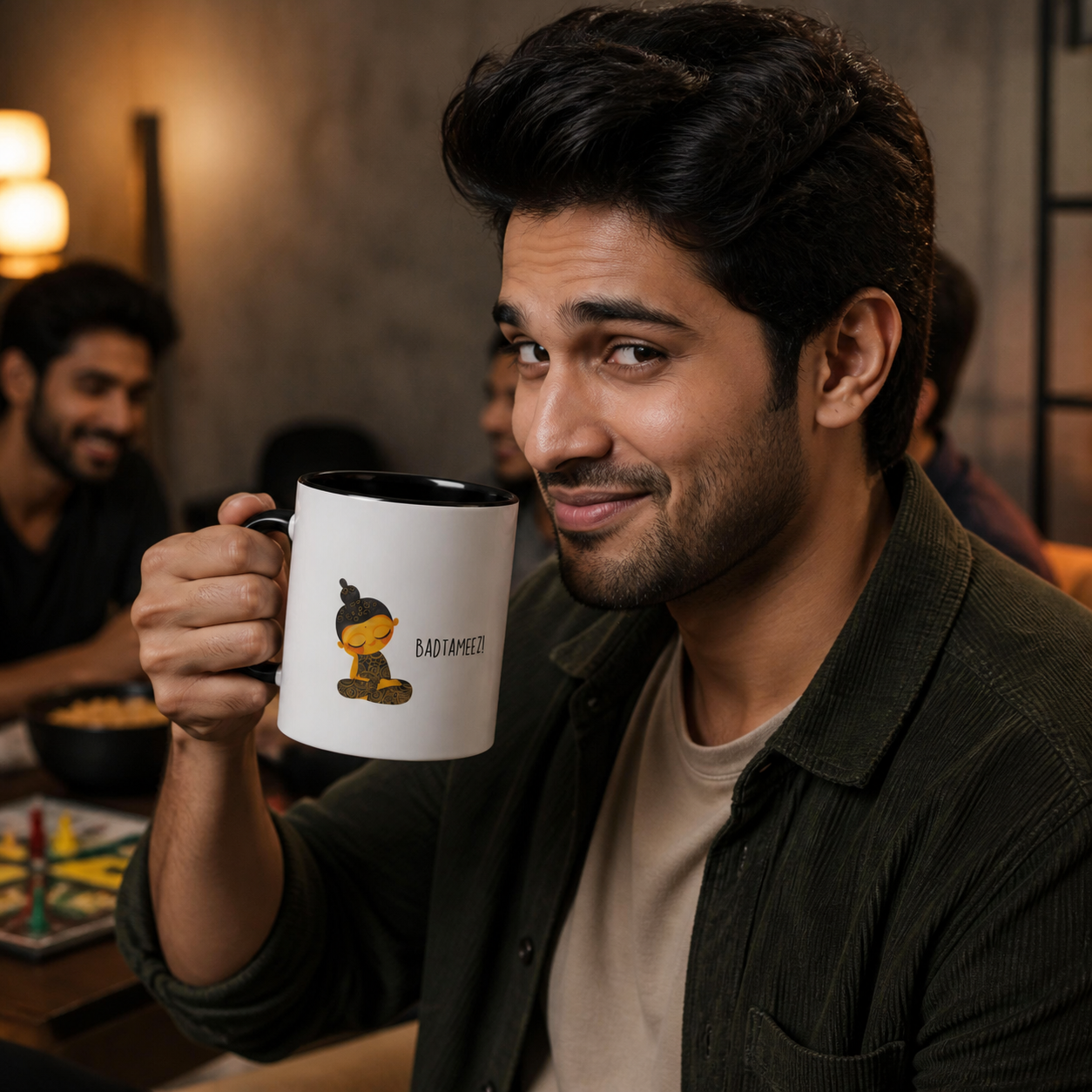Young Indian man holding black-accent Badtameez mug at game night