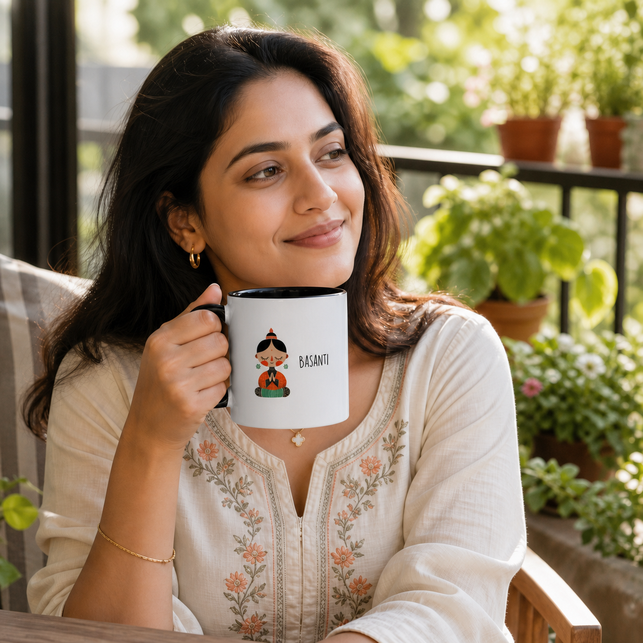 Young North Indian woman holding black-accent Basanti mug on a sunny balcony