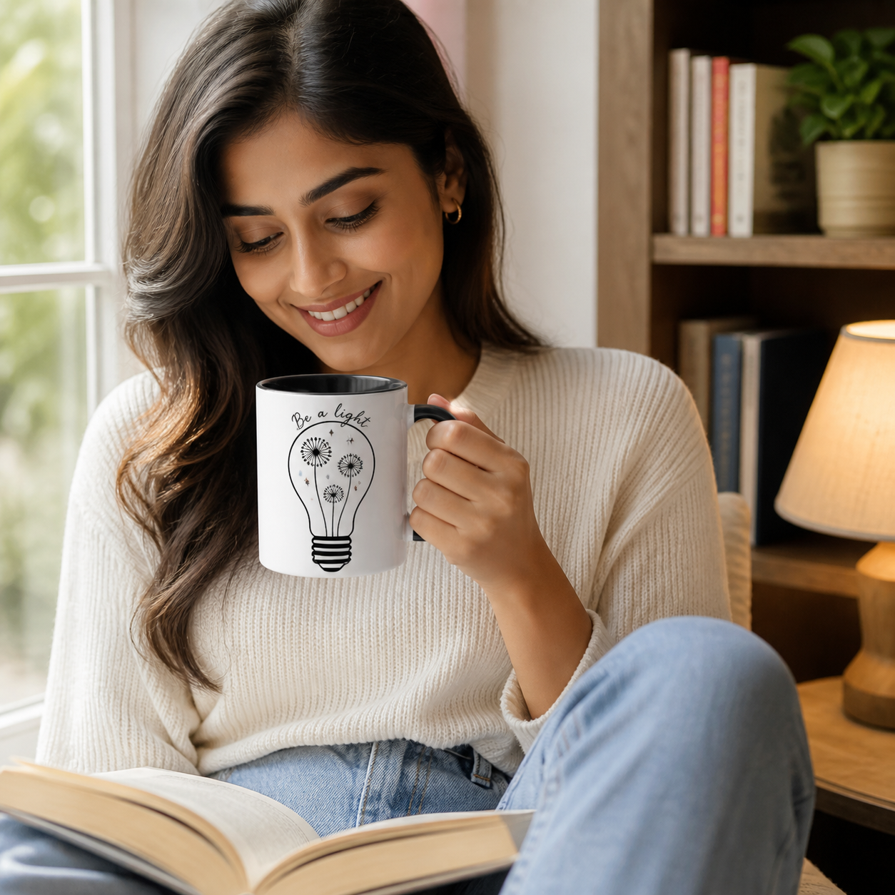 Be a Light inspirational black accent mug lifestyle photo