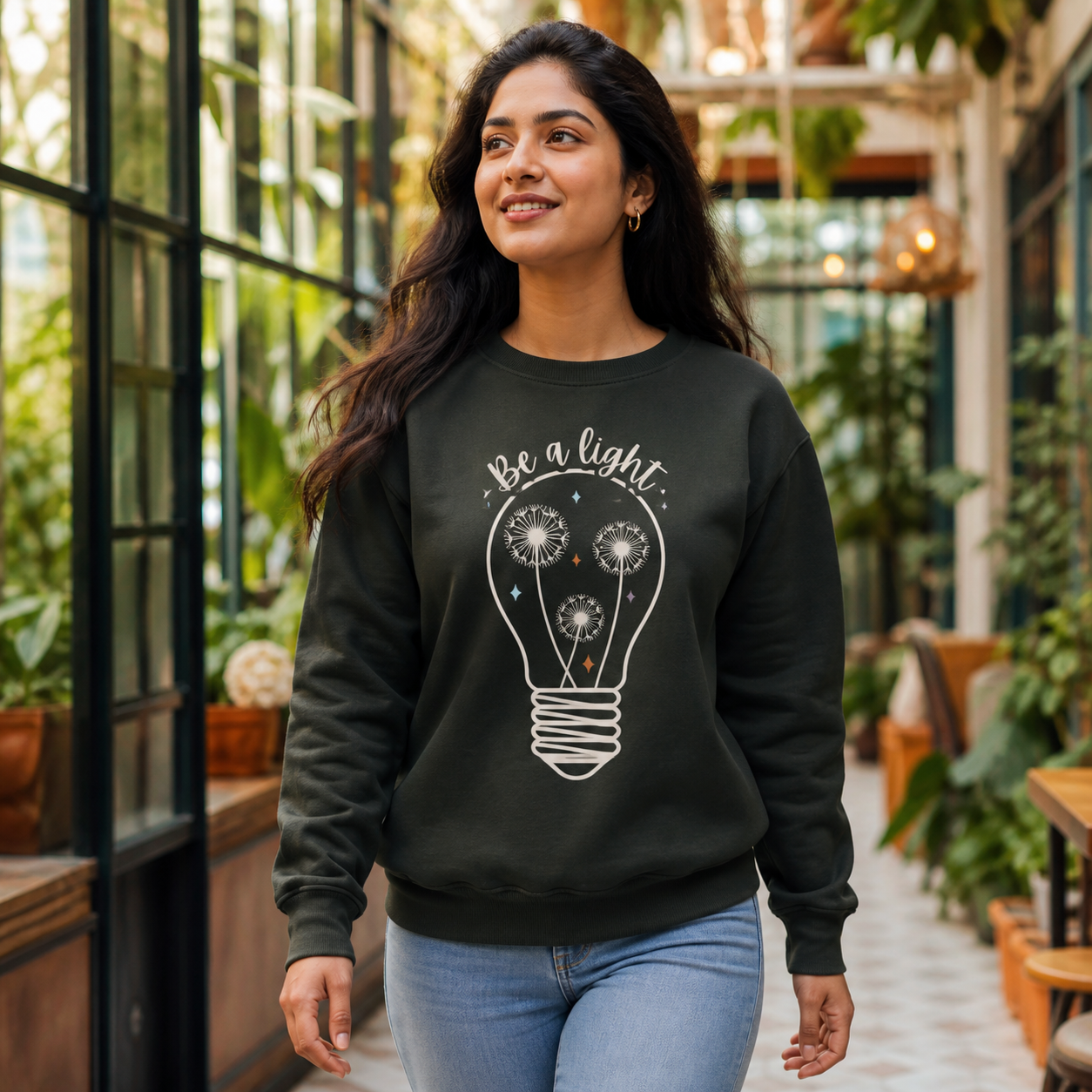 Be a Light inspirational graphic sweatshirt lifestyle photo